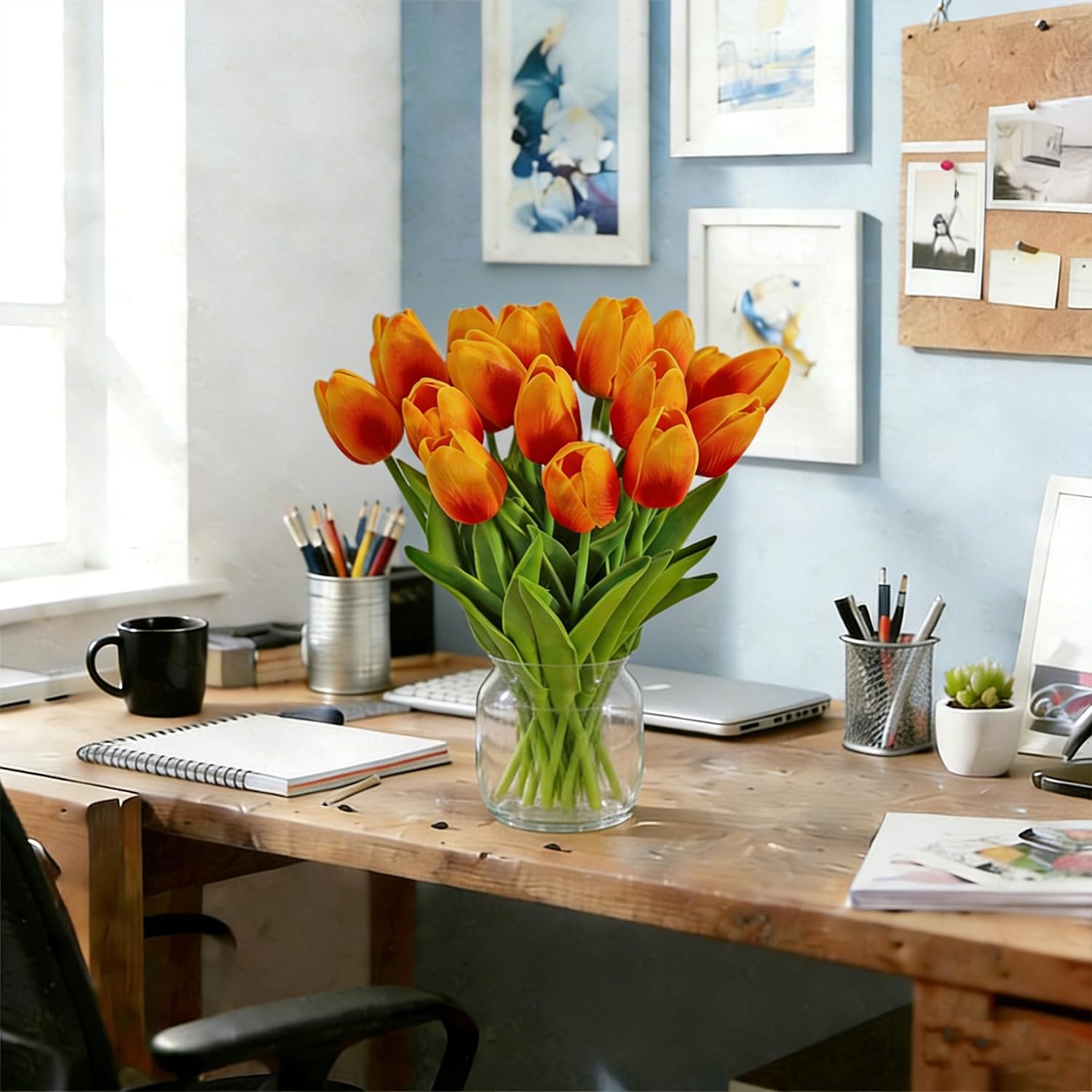 20 PCS OrangeRed Artificial Tulip Flowers 13 Inch Faux Bouquet Easter Decor