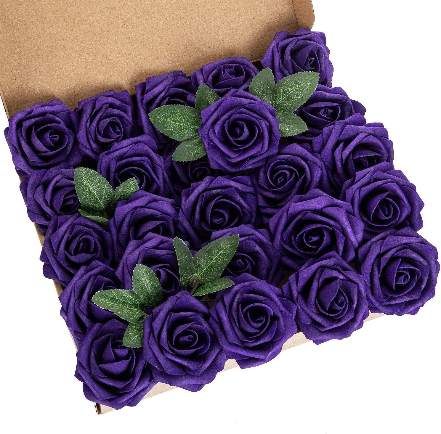 25Pcs Artificial Flower Foam Rose Real Touch Roses Flower Heads with Stem for DI