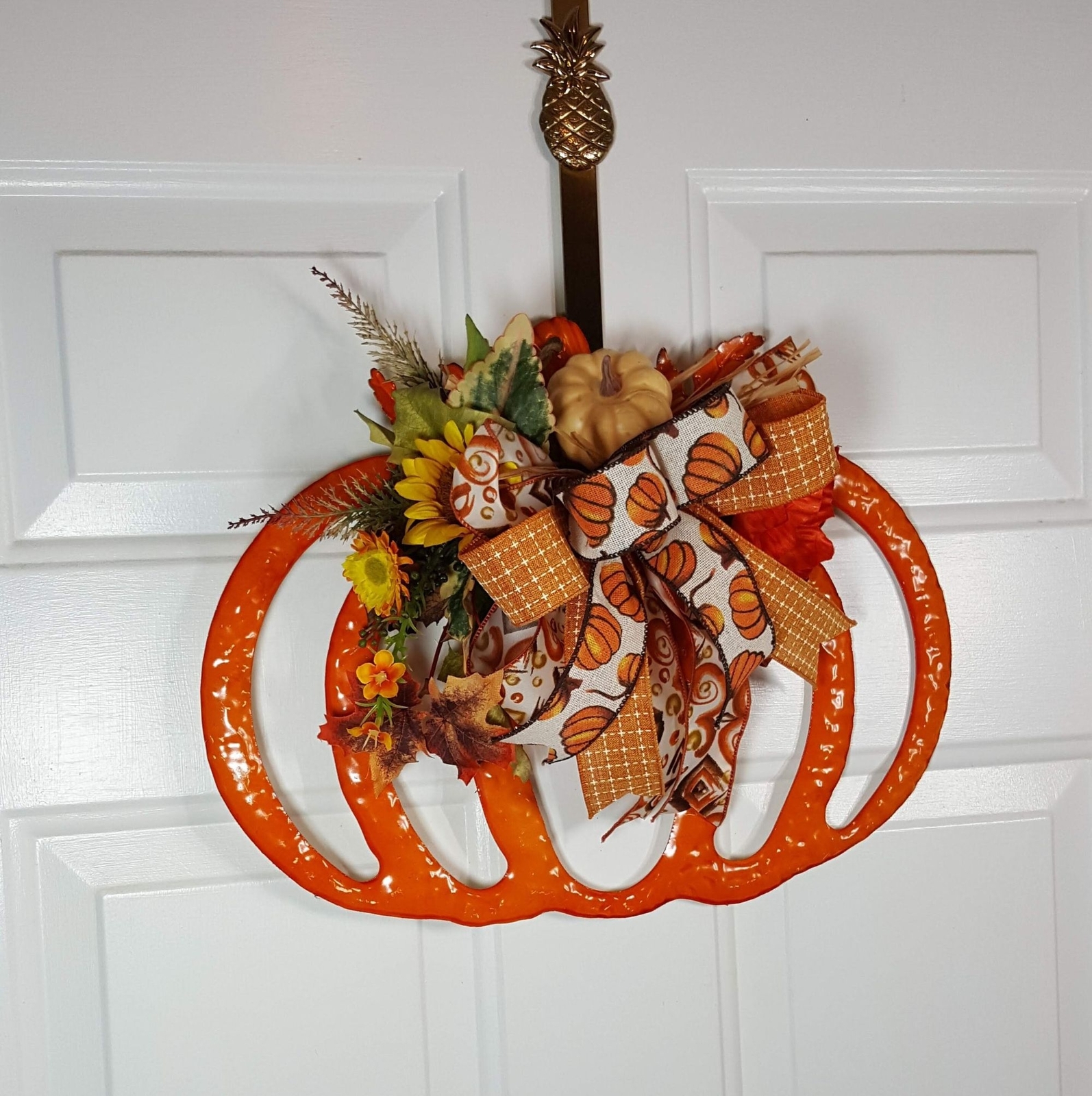Orange Enamel Fall Pumpkin Wreath, Fall Halloween Decor, Sunflowers & Leaves