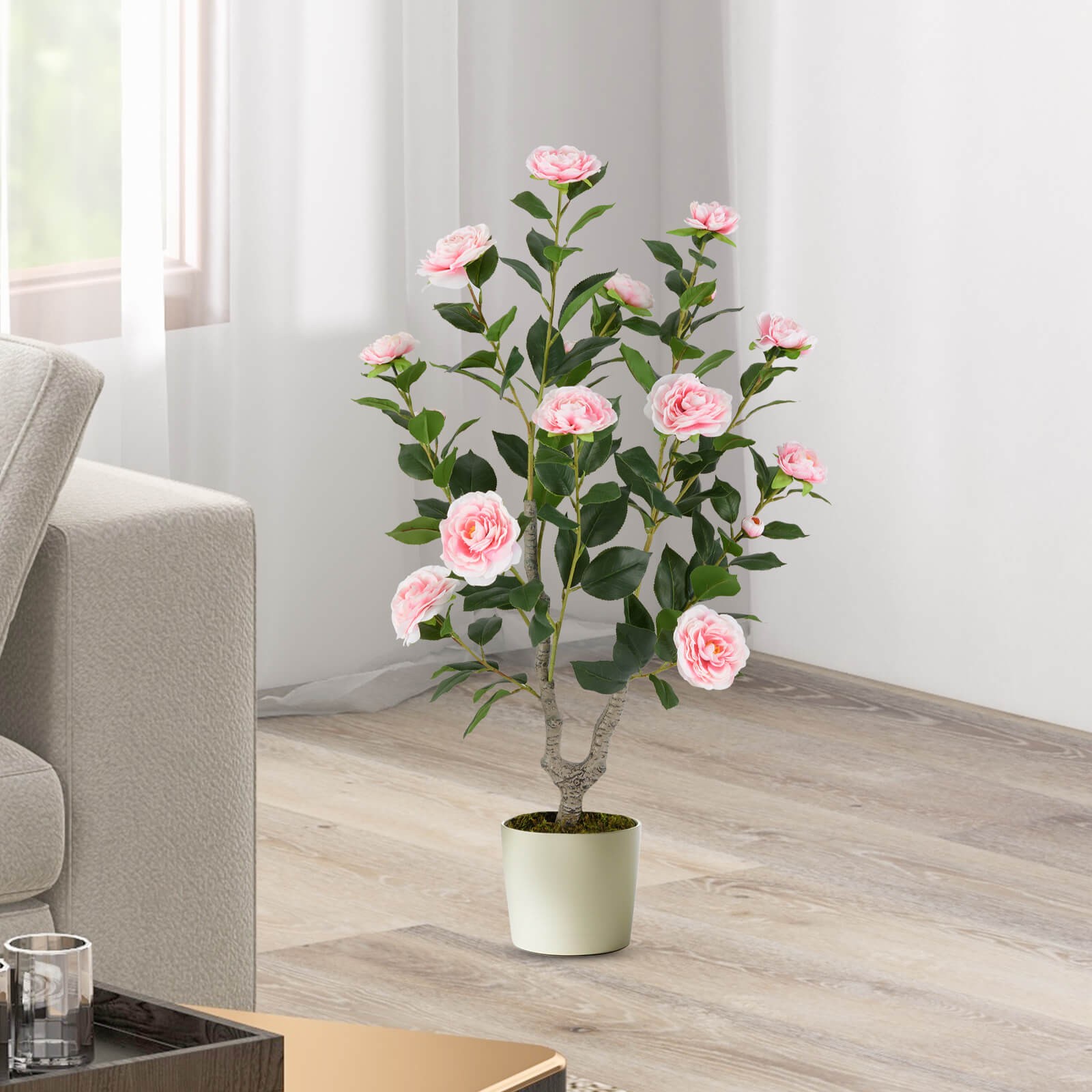 36″ Artificial Camellia Tree Fake Potted Tree Greenery Floral Plant Modern