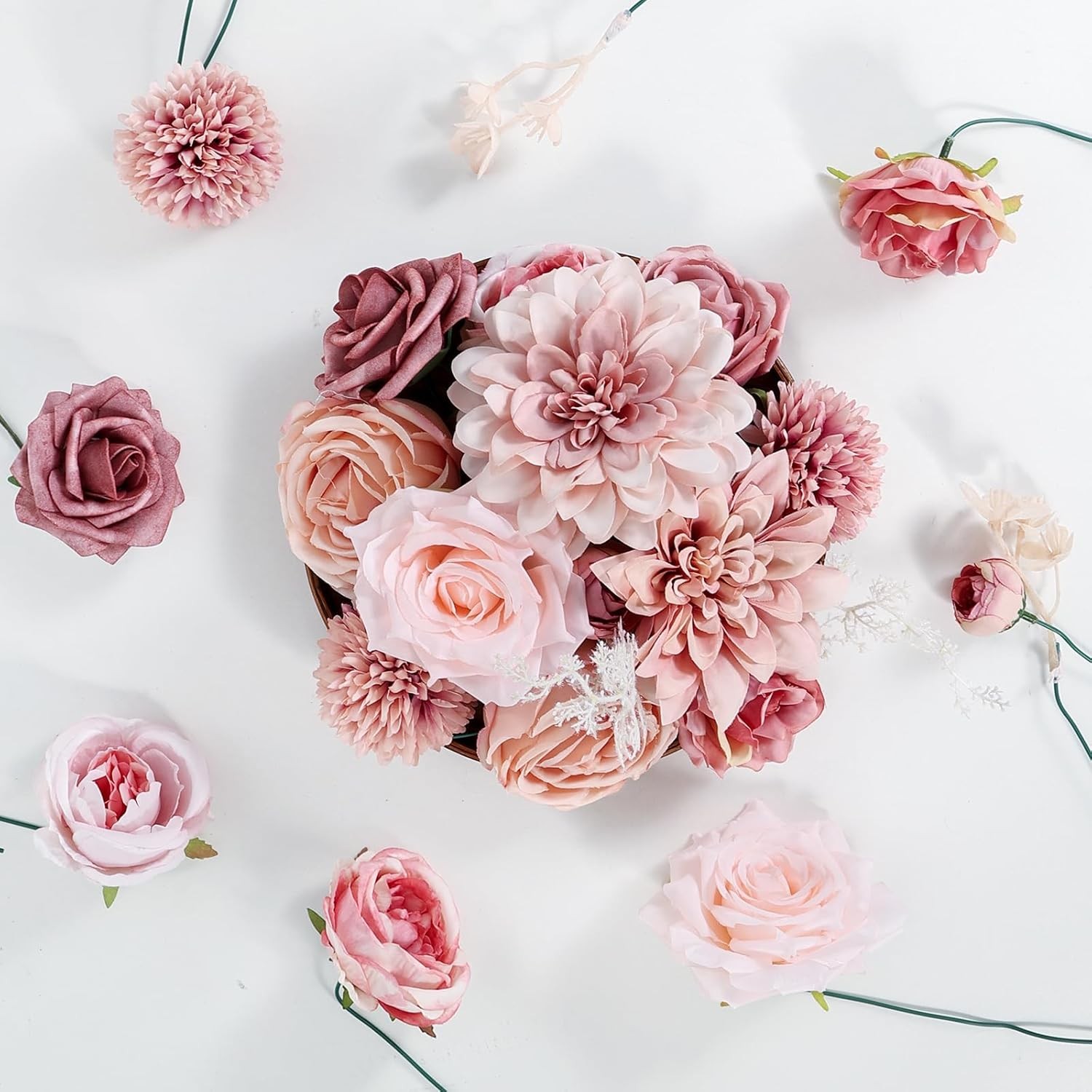 Artificial Flowers Dusty Pink Silk Roses, Fake Flowers for DIY Wedding Bouquets