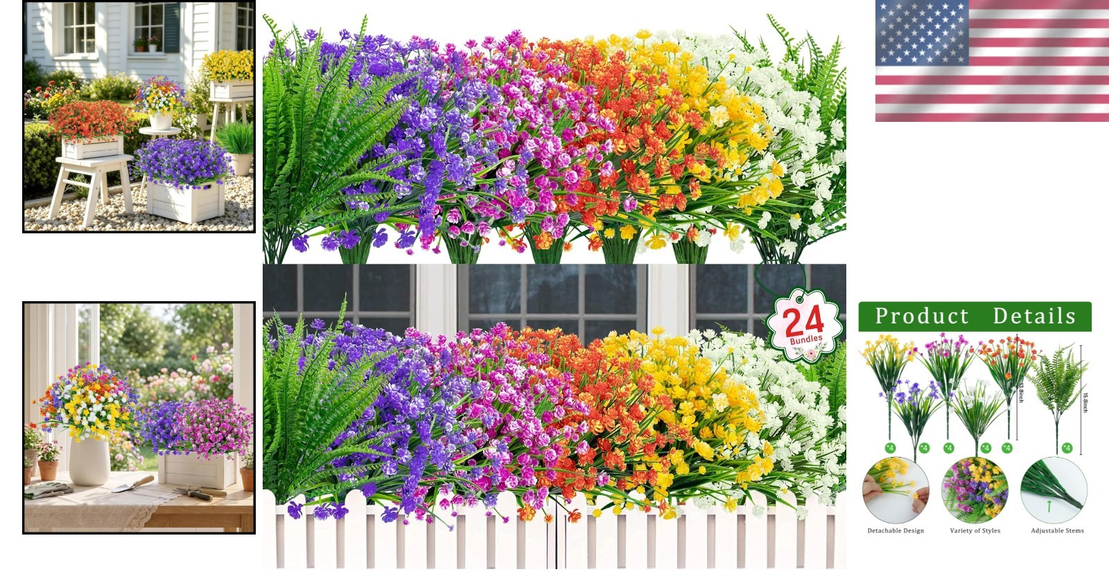 Vibrant 24-Bundle UV Resistant Faux Flowers & Boston Ferns for -Round Beauty