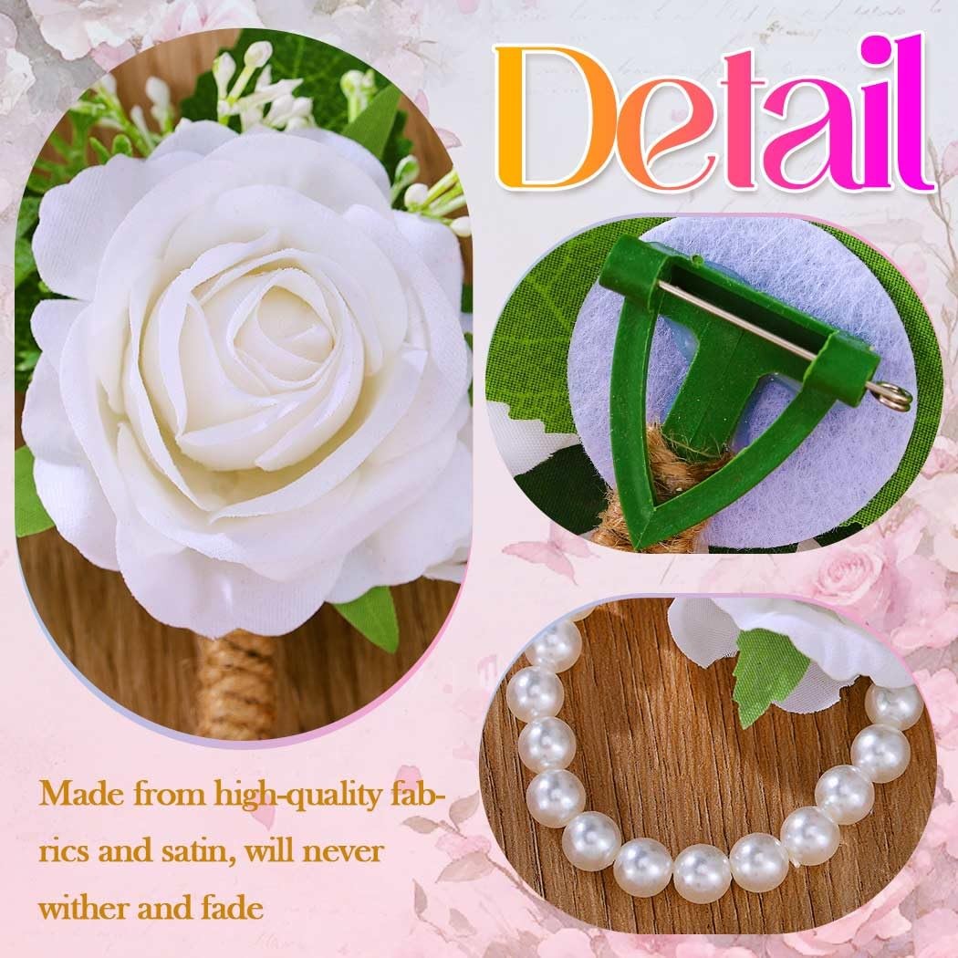 Rose Wrist Corsage Boutonniere Set Flower Wristlet Wedding Prom White Decor