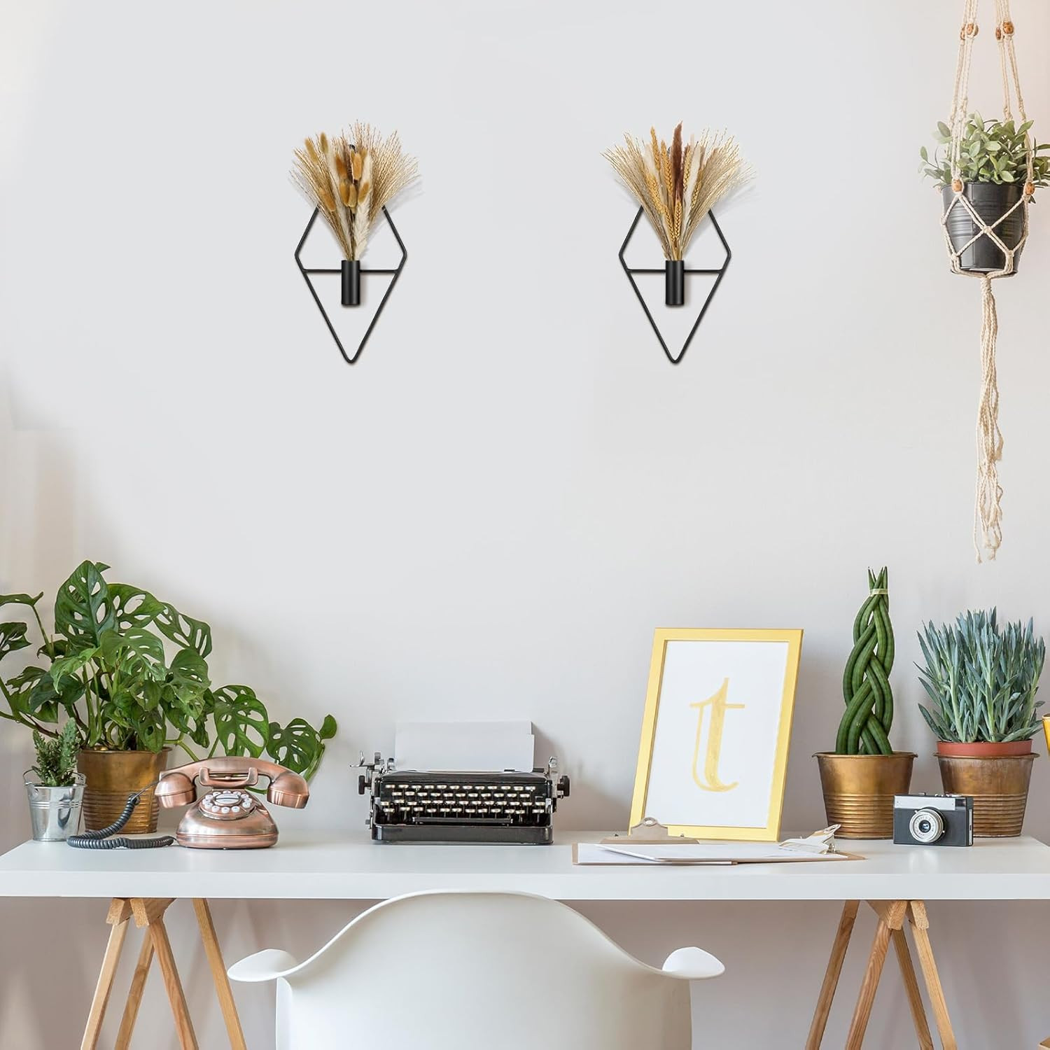2 Pcs Small Boho Wall Decor Hanging Planters with Artificial Pampas Metal Wall A
