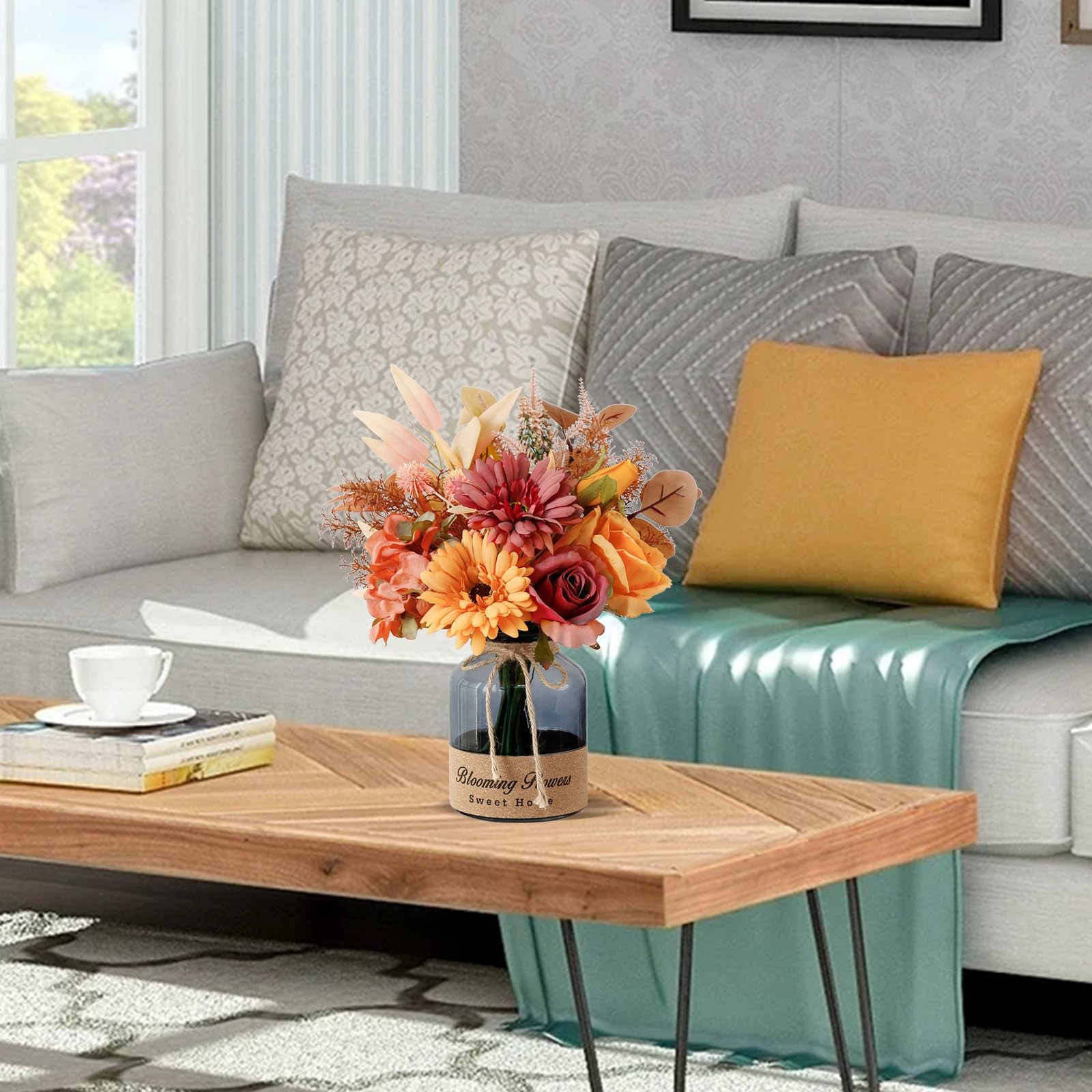 Fake Fall Flowers In Vase Artificial Centerpiece Table Decorations Arrangement