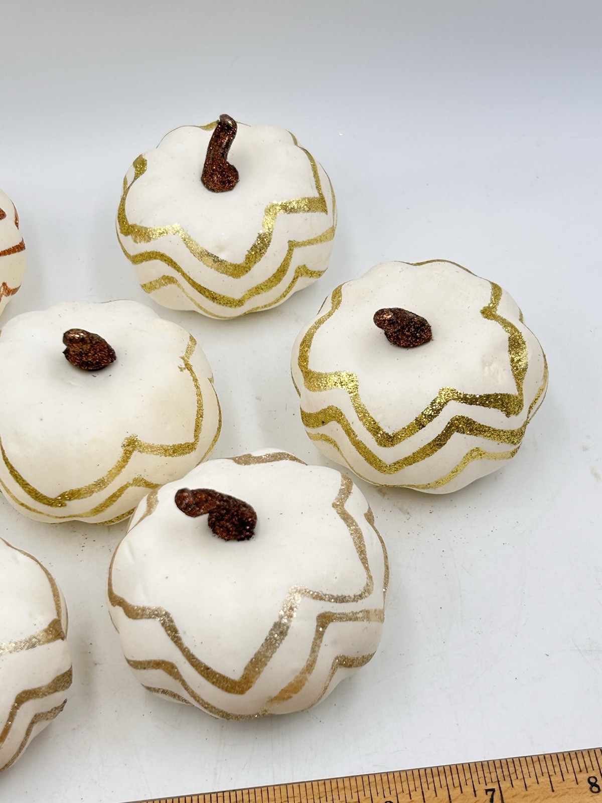 Artificial Faux Pumpkins, 8 PCS White Lifelike Zig Zag Gold/Bronze Paint Glitter