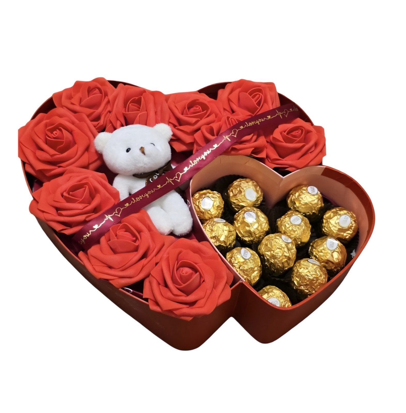 Eternal red flowers with a box in the shape of a red heart, chocolate/bear.