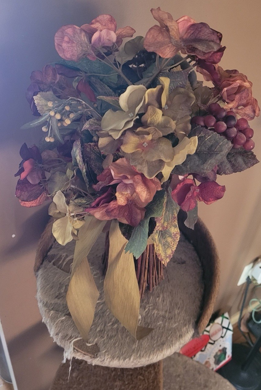 Artificial Hydrangea Bouquet w/Stick Style Vase, Mix Of Cream, Burgundy, & Green