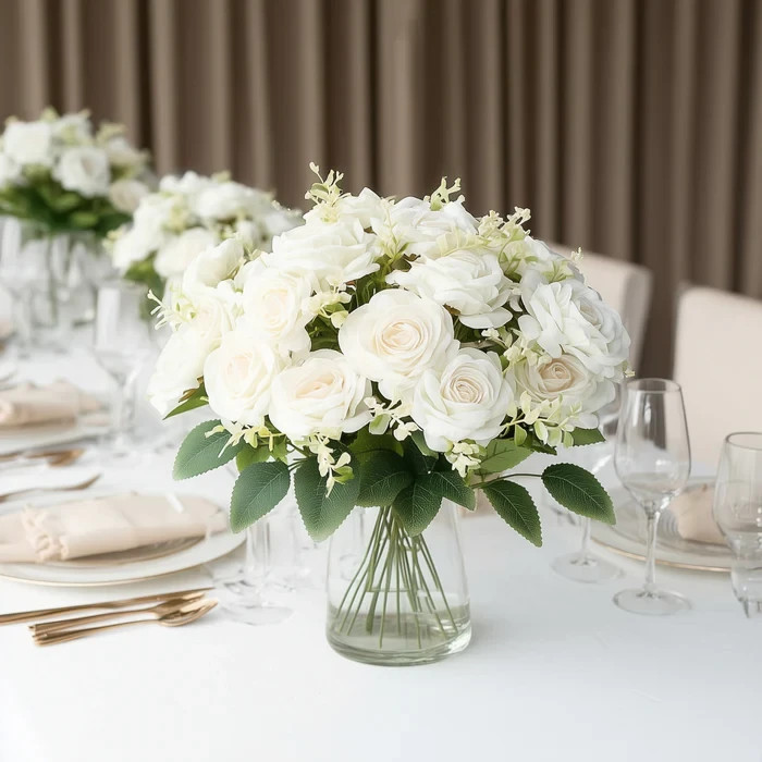 86 Real Touch White Artificial Rose Flower Bouquet, Silk Long Stem