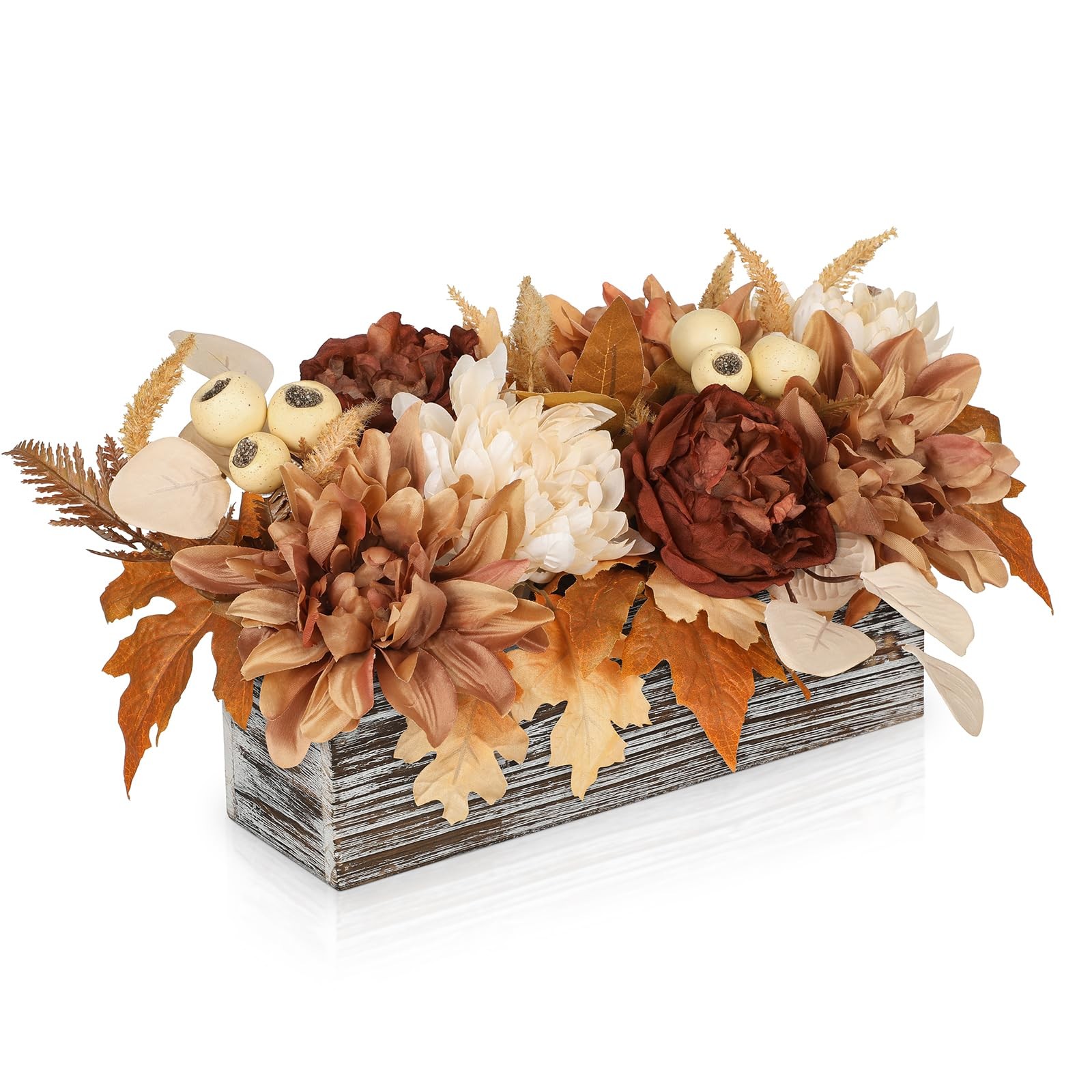 Fake Mums Artificial Flowers In Wood Planter Fall Maple Leaves Autumn Decor