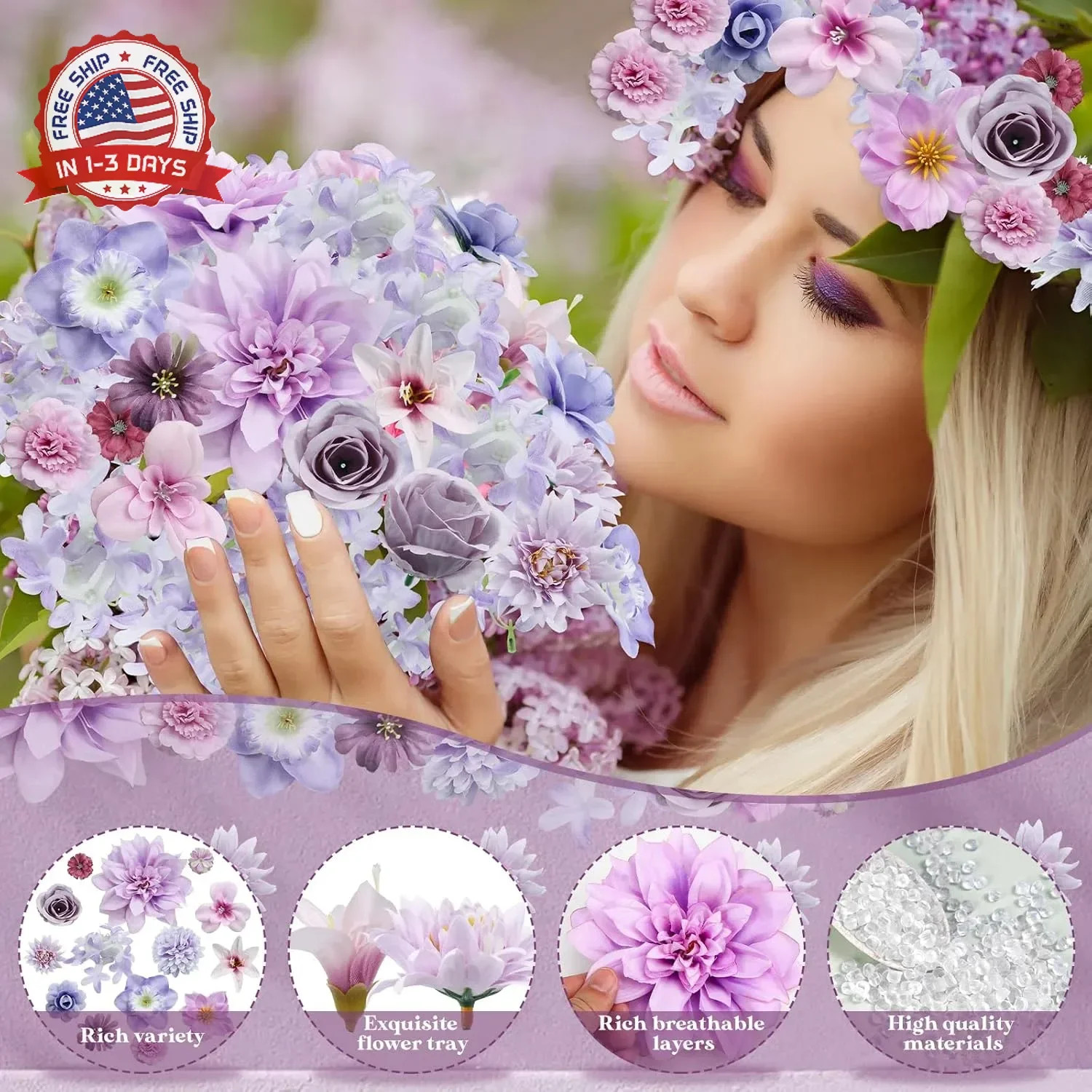 QUOZUO Artificial Flower Heads, Mini Silk Roses Peonies Daisy Purple Floral Fake