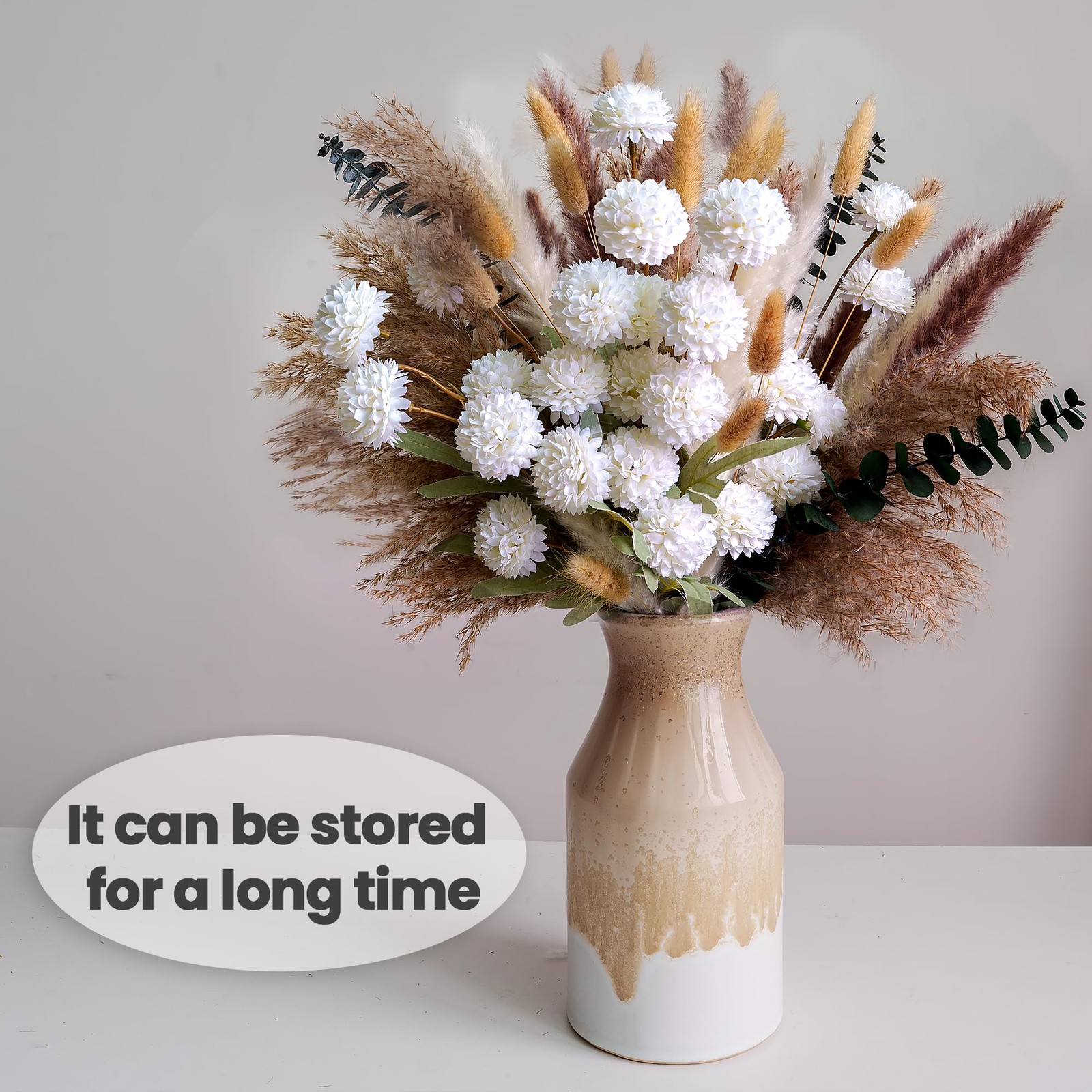 Faux Flower Bouquet with Dried Pampas Grass Artificial Peonies Mums Decor