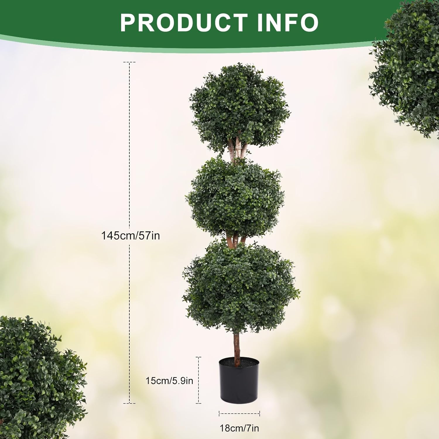 4.8Ft Artificial Topiary Triple Ball Trees – 2 Potted Faux Boxwood Plants