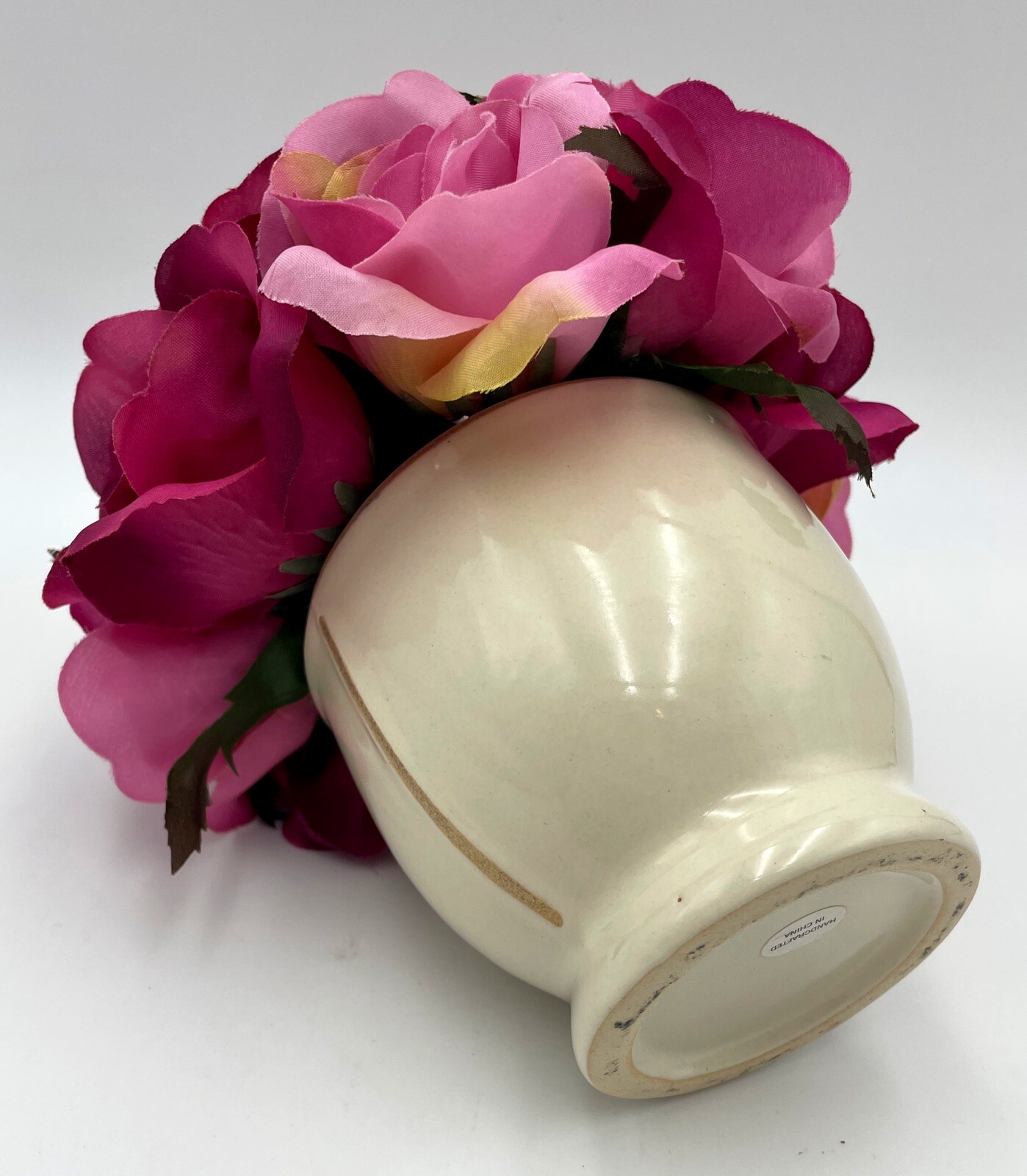 7″ Small Artificial PINK BOUQUET Faux Silk Open Roses w/Beige/Tan Ceramic Vase
