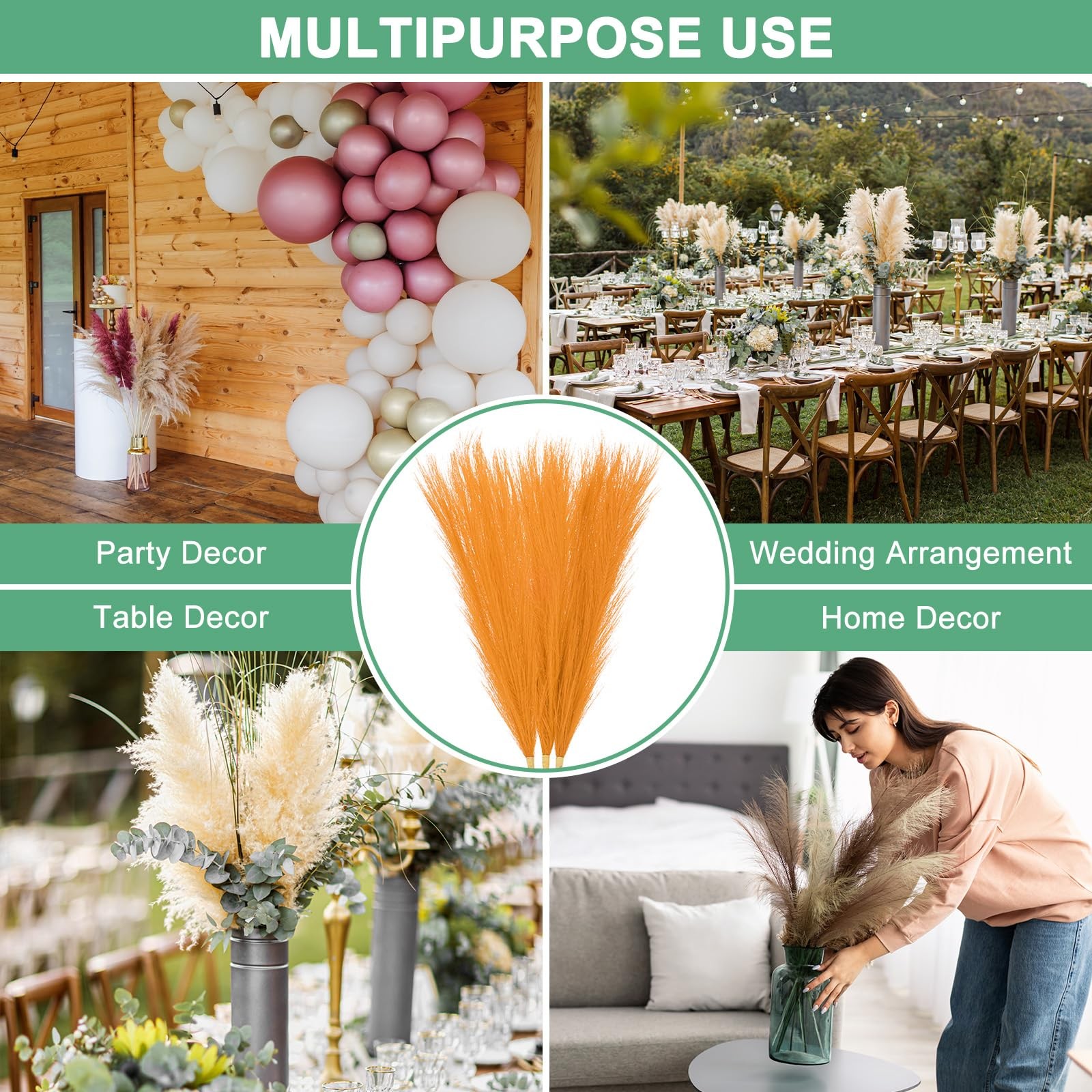 3 PCS Faux Pampas Grass 17.7 Inch Gold Yellow Small 7 Branches Fluffy