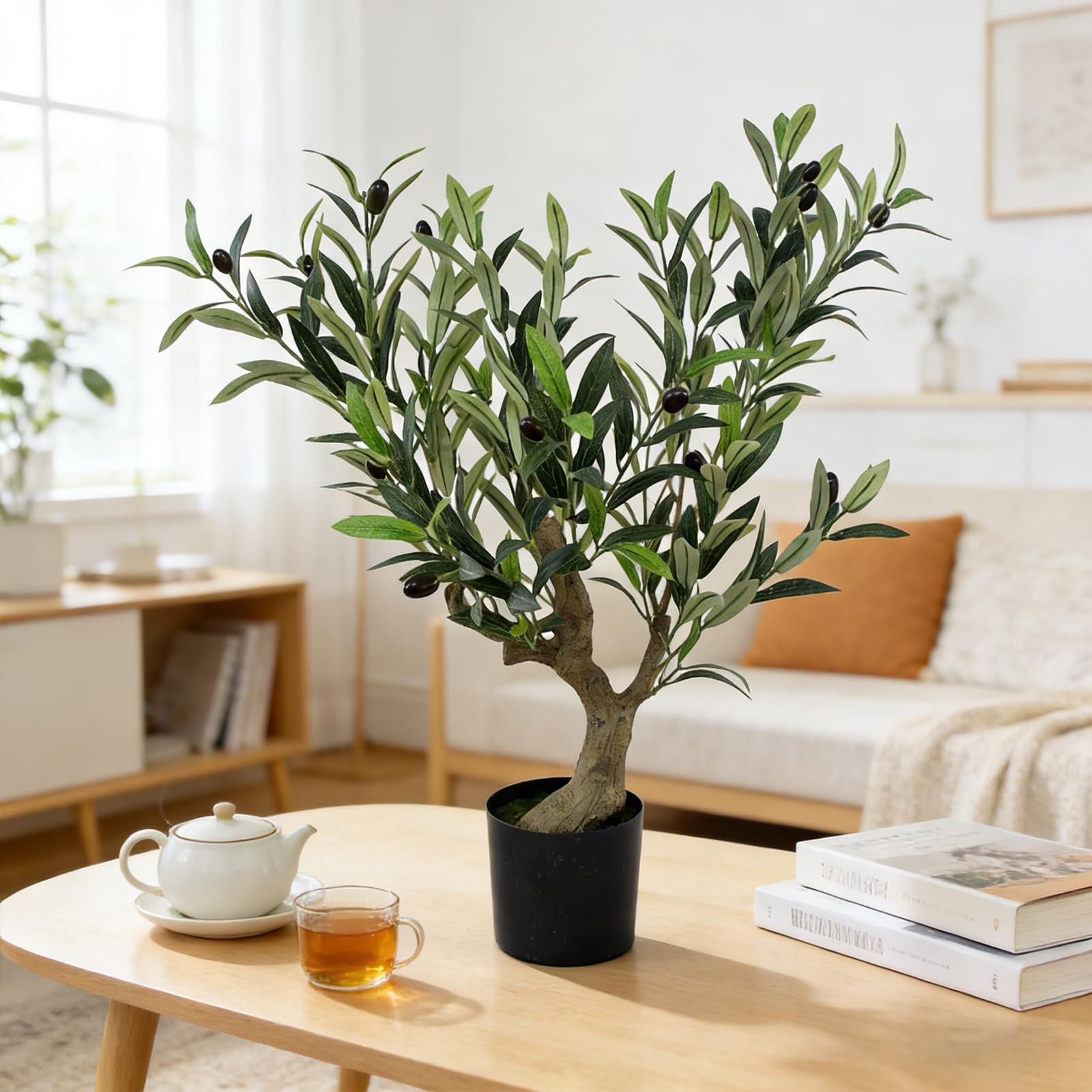 Artificial Olive Potted Tree, 28″ Tall Tabletop Fake Olive Tree with Fruits L…
