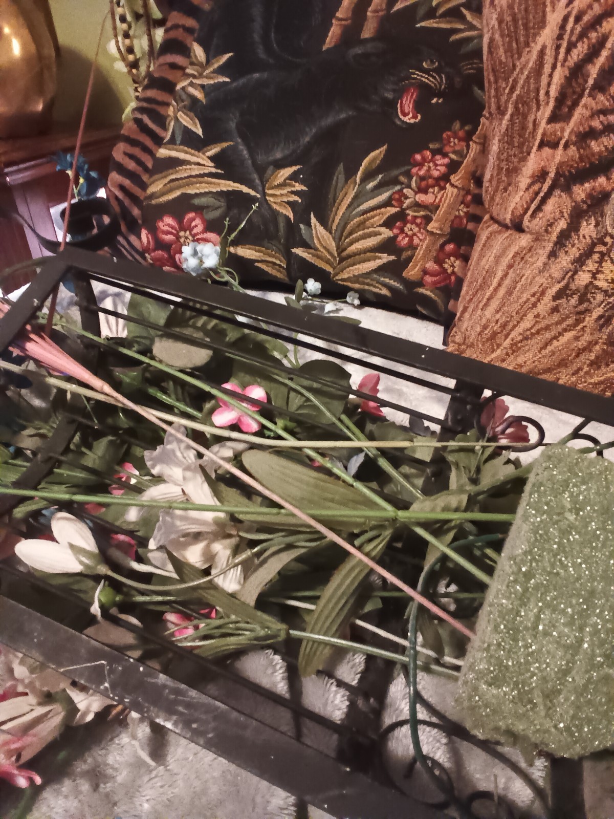 Large HODA black Iron metal half cage wall artificial flower arrangement.
