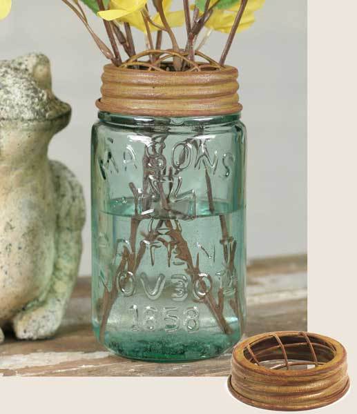 METAL Mason or Ball Canning Jar FLOWER Vase FROG LID Rustic Antique Mustard