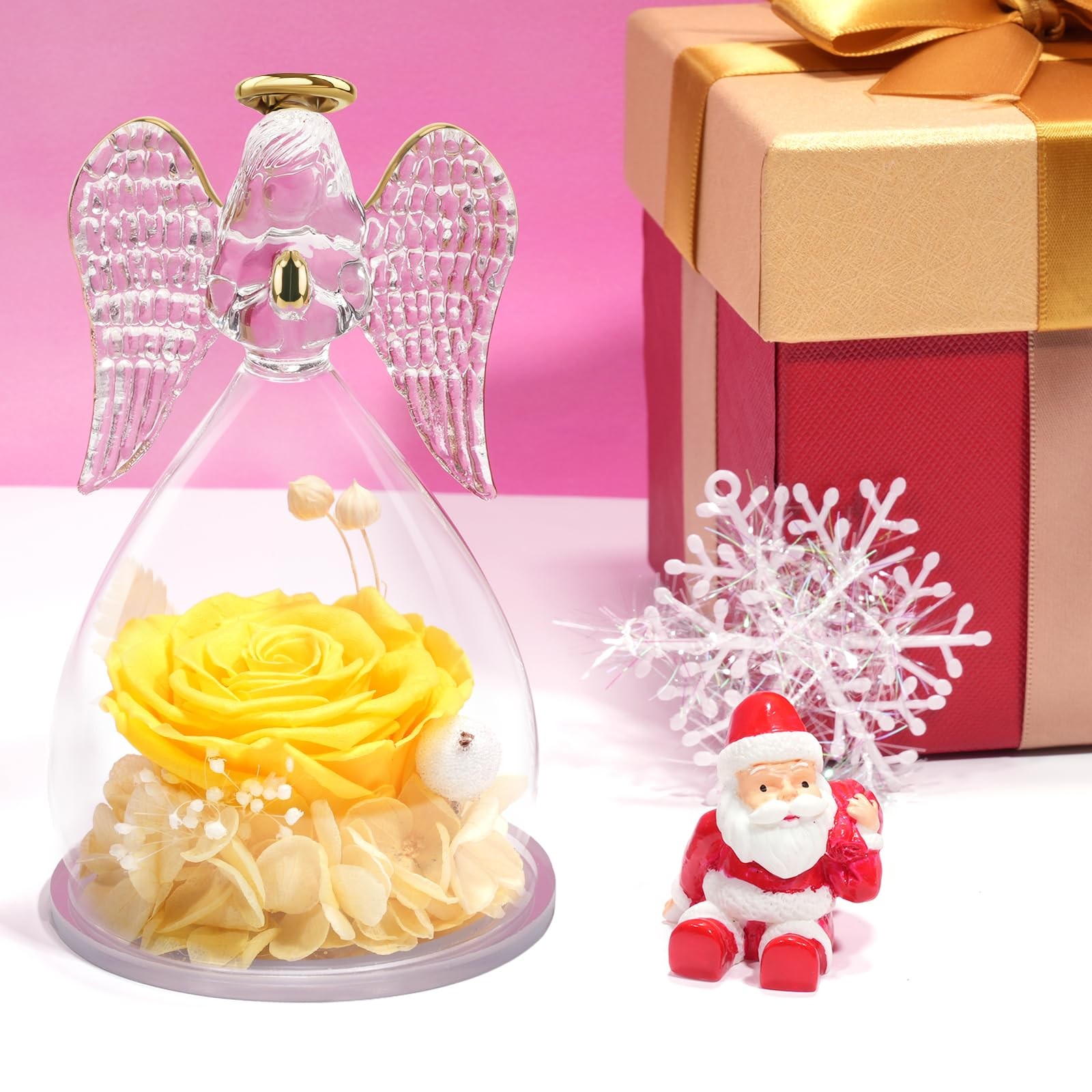 Yellow Angel Figurine, Real Preserved Rose, Gift for Mom, Grandma, Wife, Bday