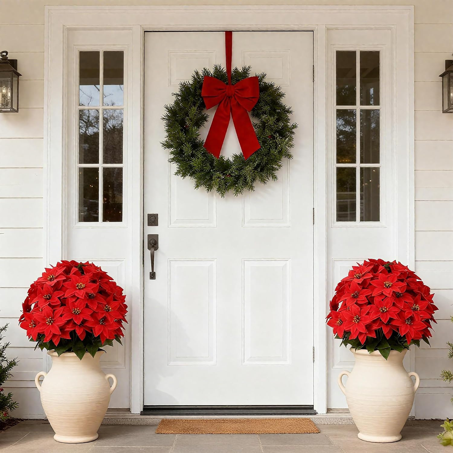 Set of 2 UV Resistant Artificial Poinsettia Topiary Trees for Holiday Decor
