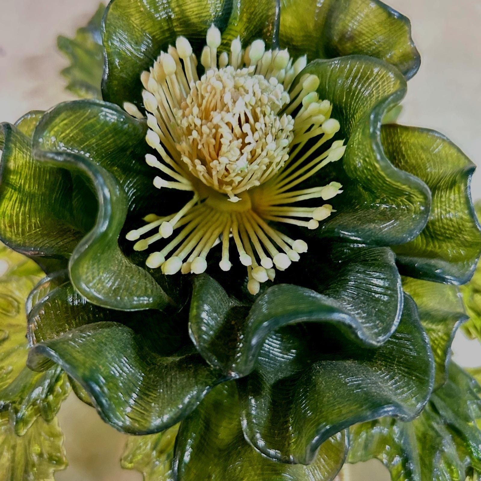 Crystalin 1966 Vintage Lucite Resin Flower Sculpture Olive Green MCM