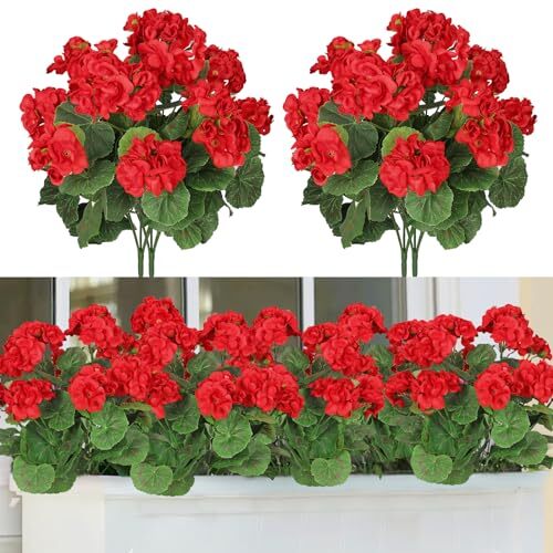 Artificial Red Geranium Silk Flowers Outdoor Plant Bush 2 Bundles Geranium Red
