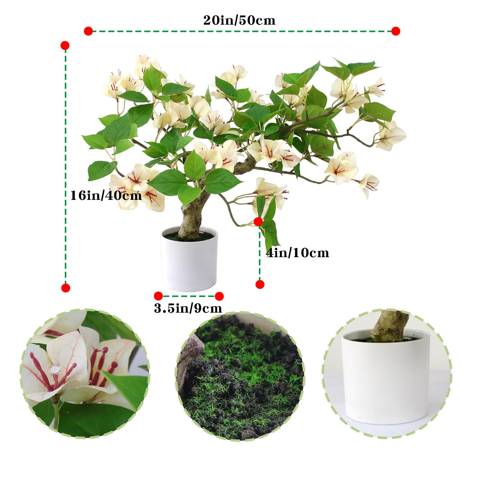16 Inch White Artificial Bougainvillea Tree in Pot Faux Flower Plant Decor