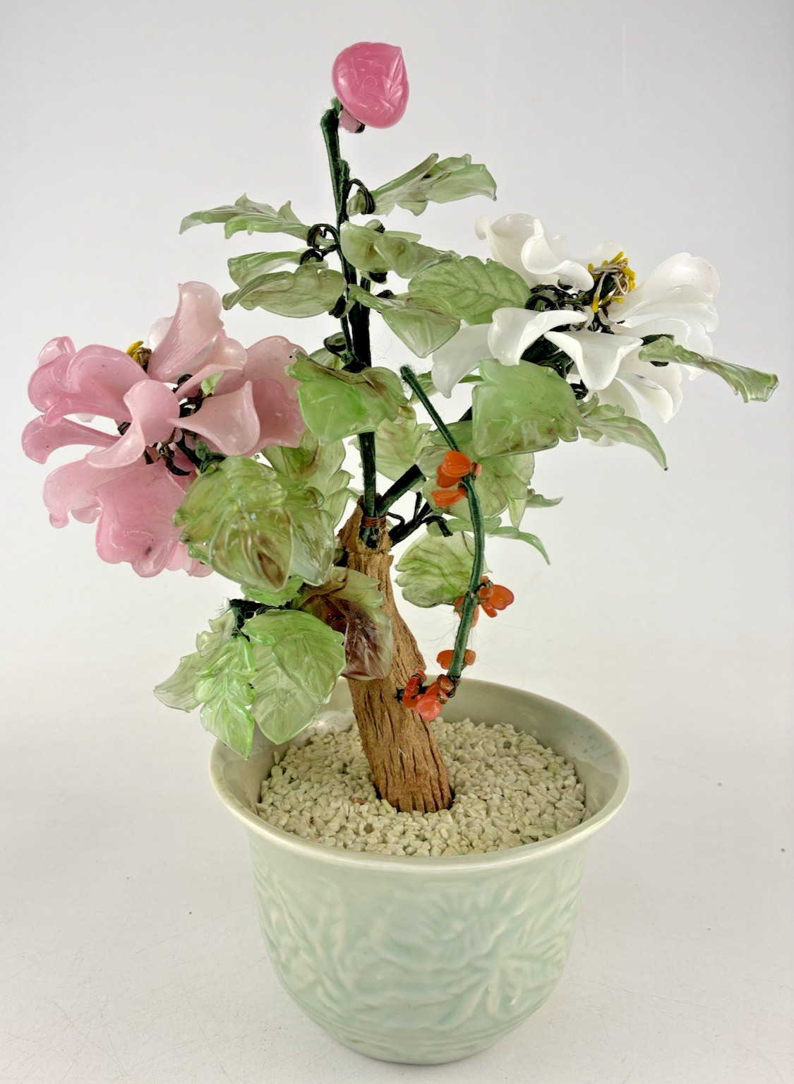 Mid-20th Century Glass Bonsai Flowering Tree ~ Pink & White Flowers 12″