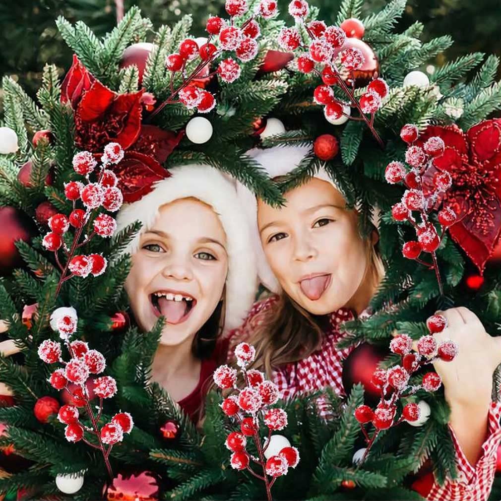 24 PCS Artificial Holly Berry Stem Picks with Snowflake Glitter Christmas Tre…