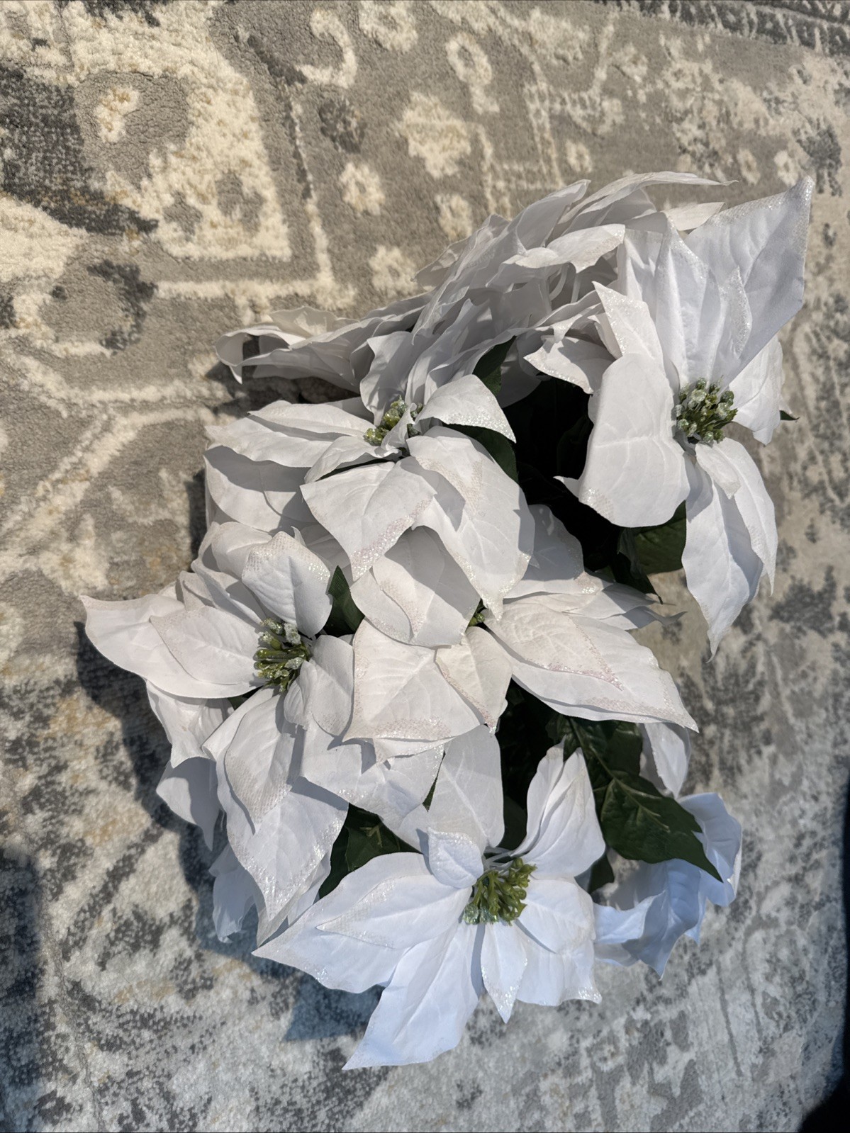 Lot 17 White Sparkle Poinsettia Floral Picks 8x7x14” Used In Christmas Tree