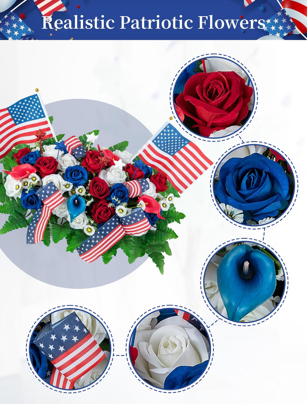 Memorial Day Decorations for Cemetery Patriotic Red White Blue Headstone Flow…