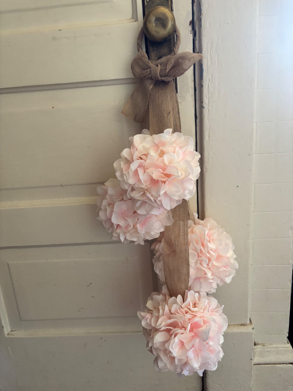 Artificial Silk Hydrangea Hanging Ball Door Decoration Light Pink w/Burlap Bow
