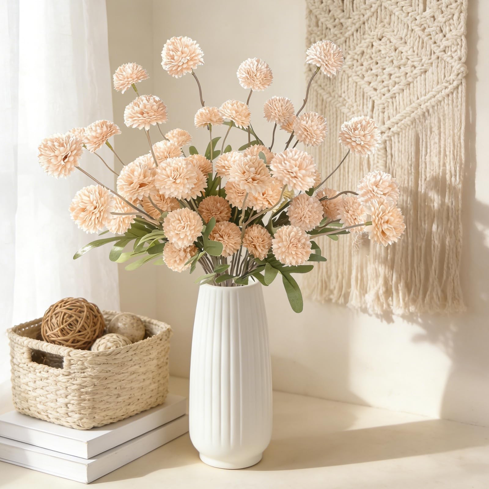 8 Pcs Apricot Beige Silk Pompon Kiku Mums, Artificial Flowers for Vase, Fake …