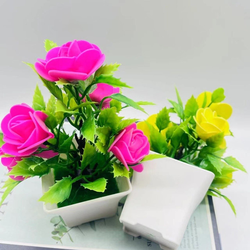 Plastic Artificial Roses in Pot for Home Decor – 14cm Tall Fake Flower
