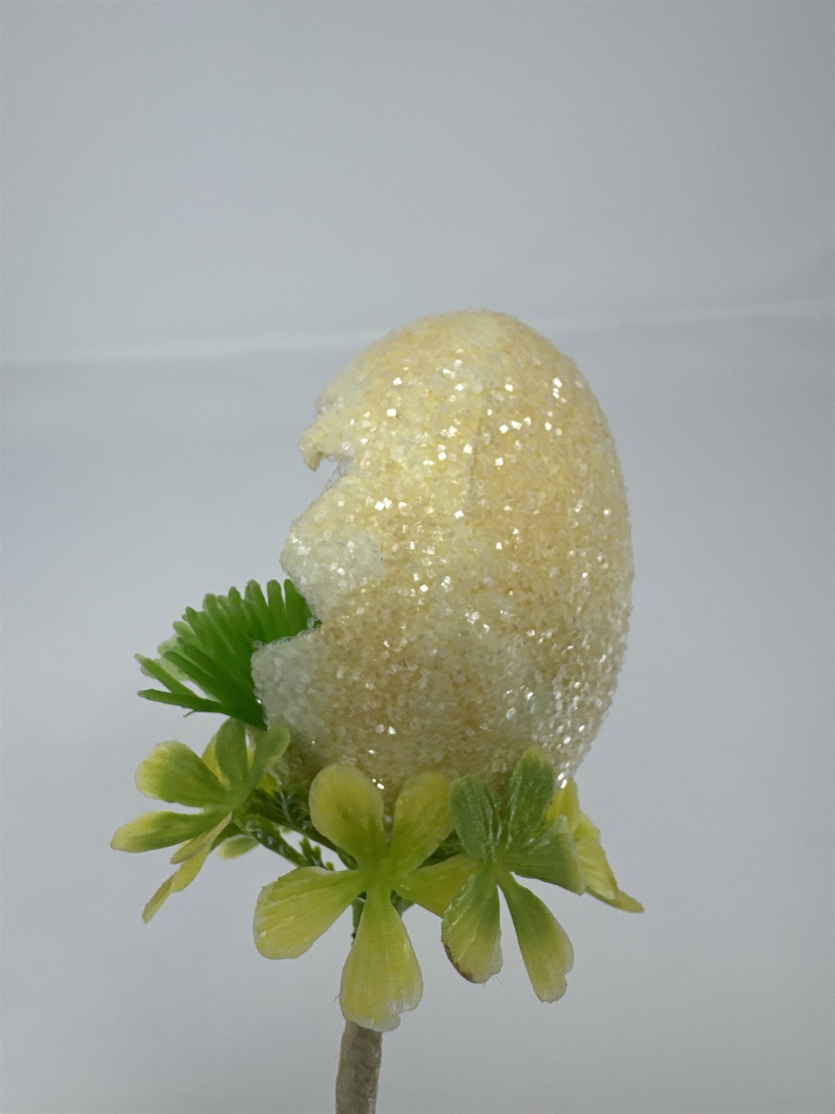 Vtg Easter Sugared Egg Diorama Floral Pick Flocked Chick Plastic Flower Spray 4″