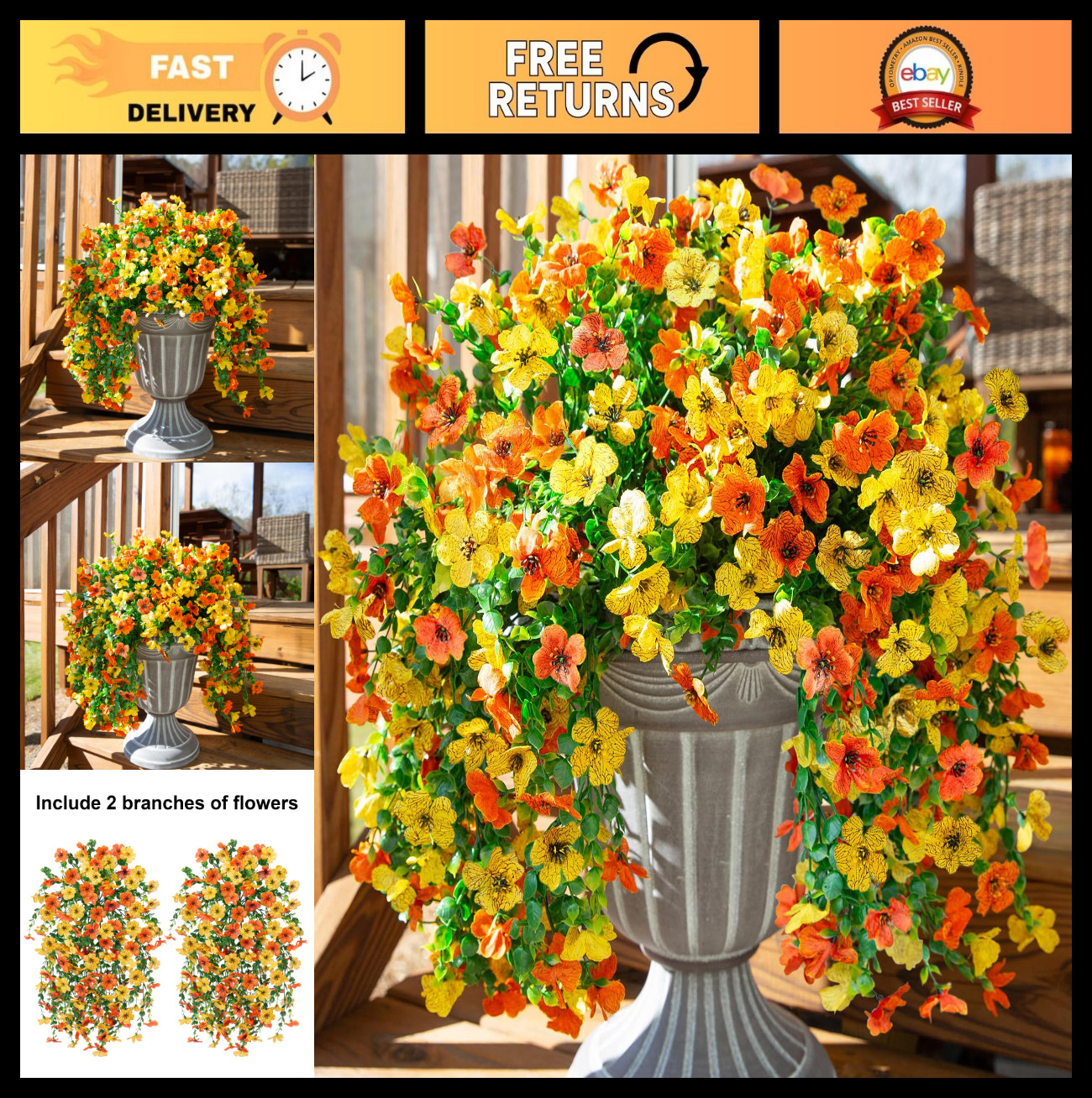 2Pcs UV Resistant Artificial Flowers – Silk Mums & Eucalyptus Hanging Plants Dec
