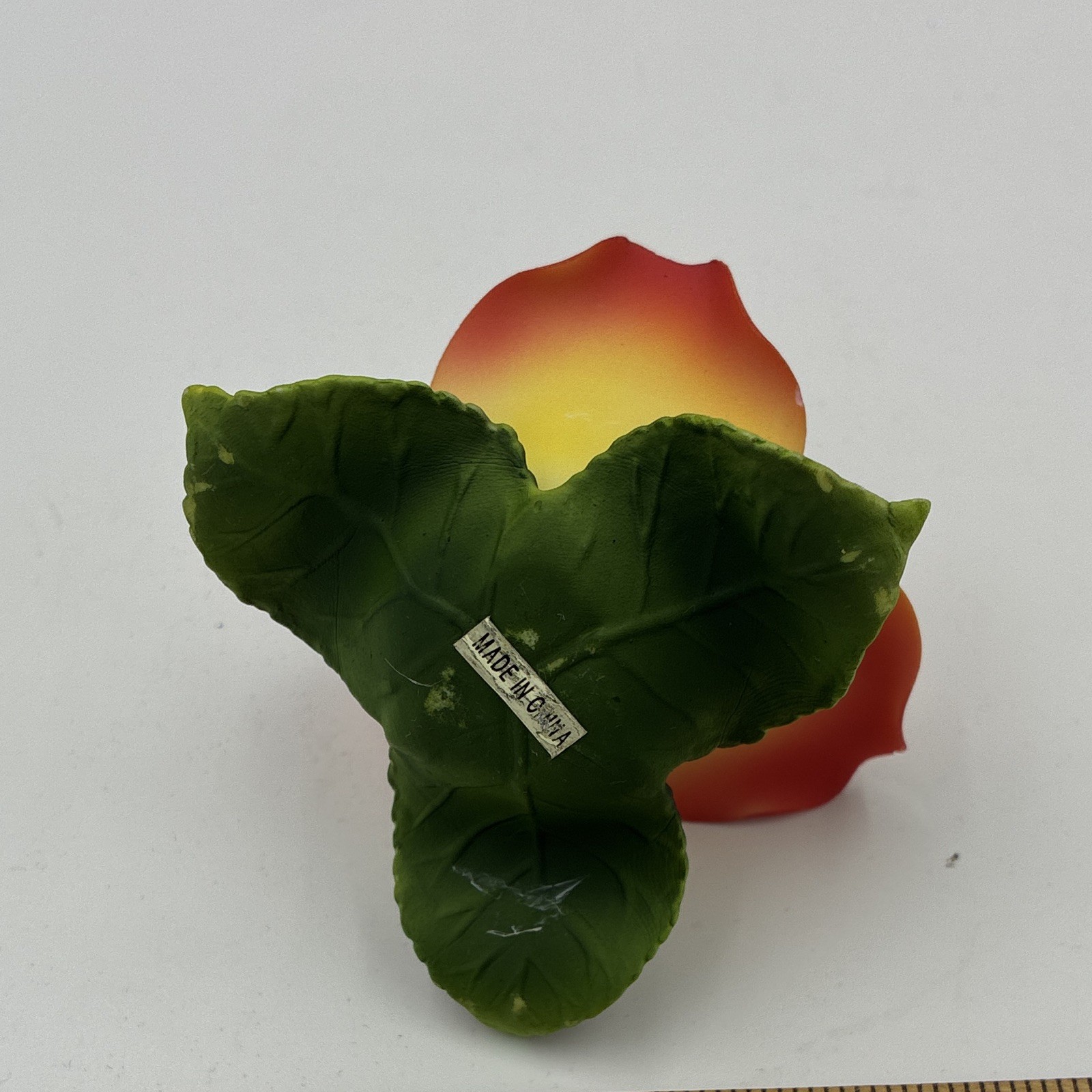 Porcelain Rose Flower Head Floral Décor, Orange/Yellow w/ Green Leaves 3.5in