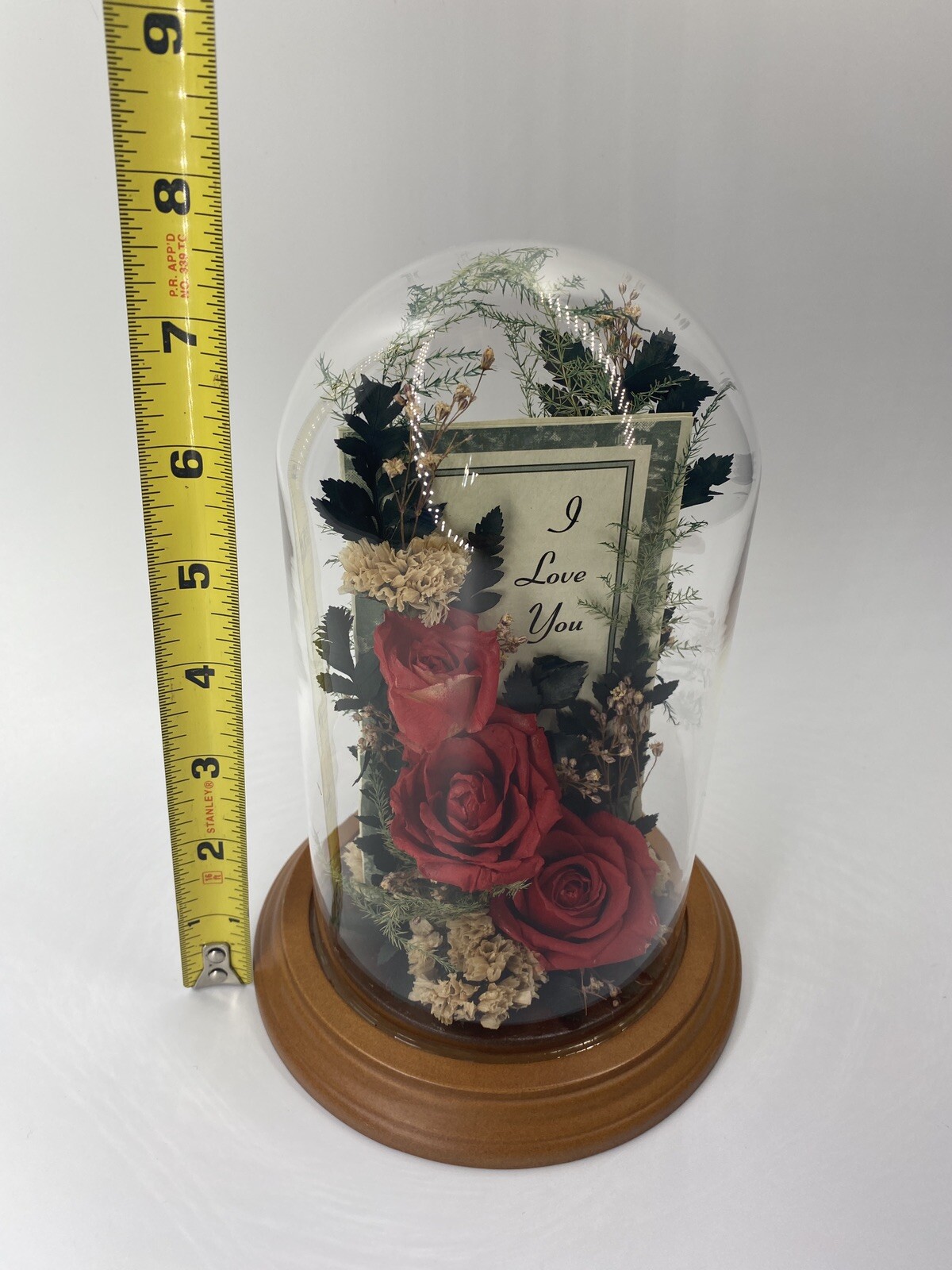 Vintage Dried Red Roses Flower Arrangement Preserved in 7.5” Glass Dome