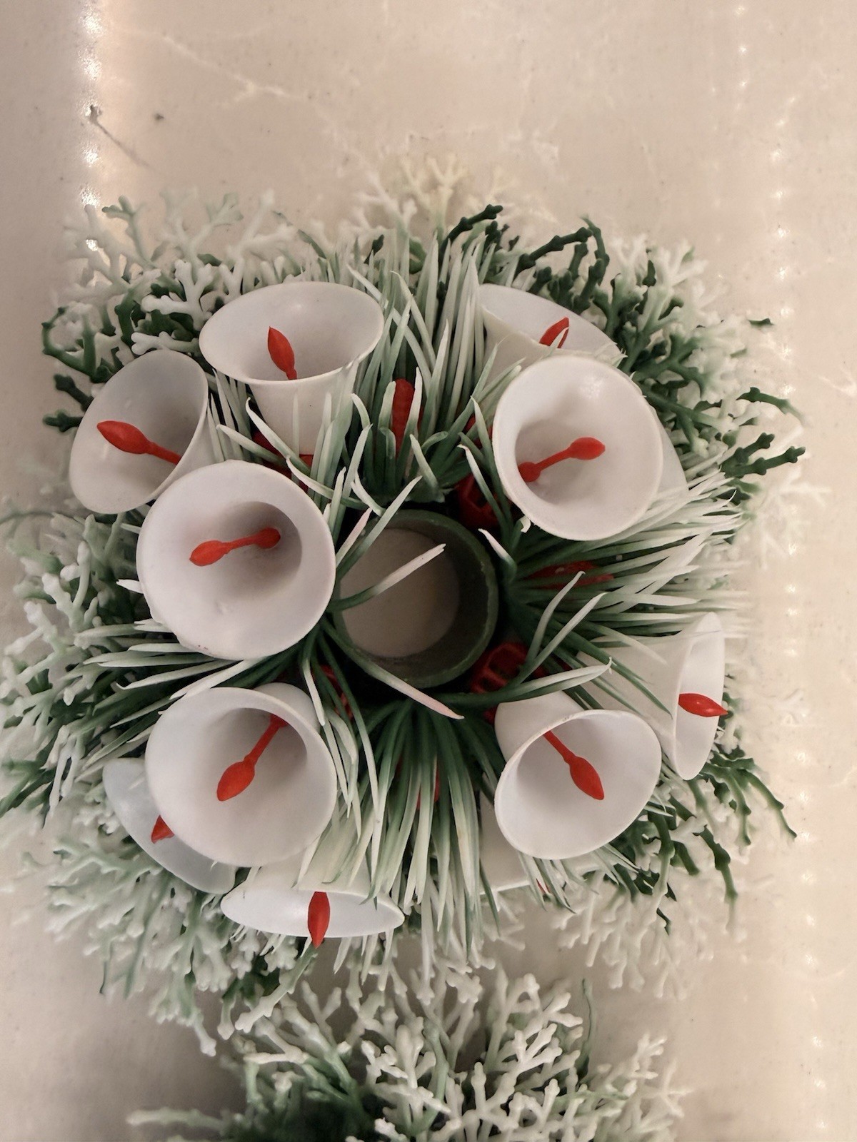 2- Vintage MCM Plastic Christmas Winter Greenery White Bells Floral 4.5 Round