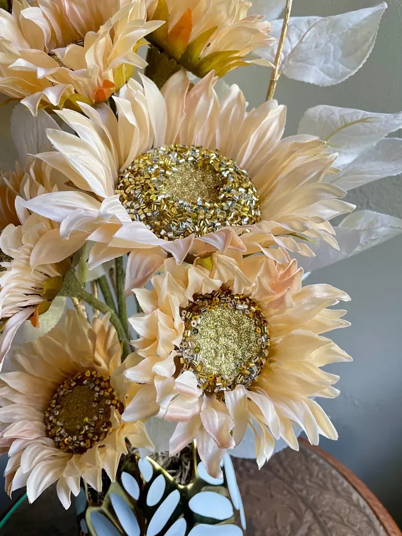 Peach Sunflowers Floral Arrangement: Fancy Table Centerpiece, Modern Home Decor
