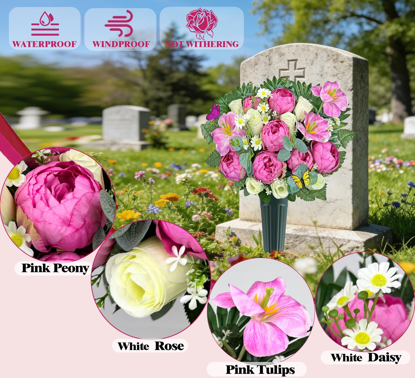 Artificial Cemetery Flower with Vase for Grave – Hibiscus Rose Daisy, Easy Fit