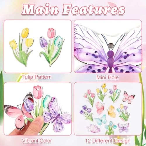 36pcs Spring Tulip Wooden Hanging Ornaments, Butterfly Flower Spring Tree