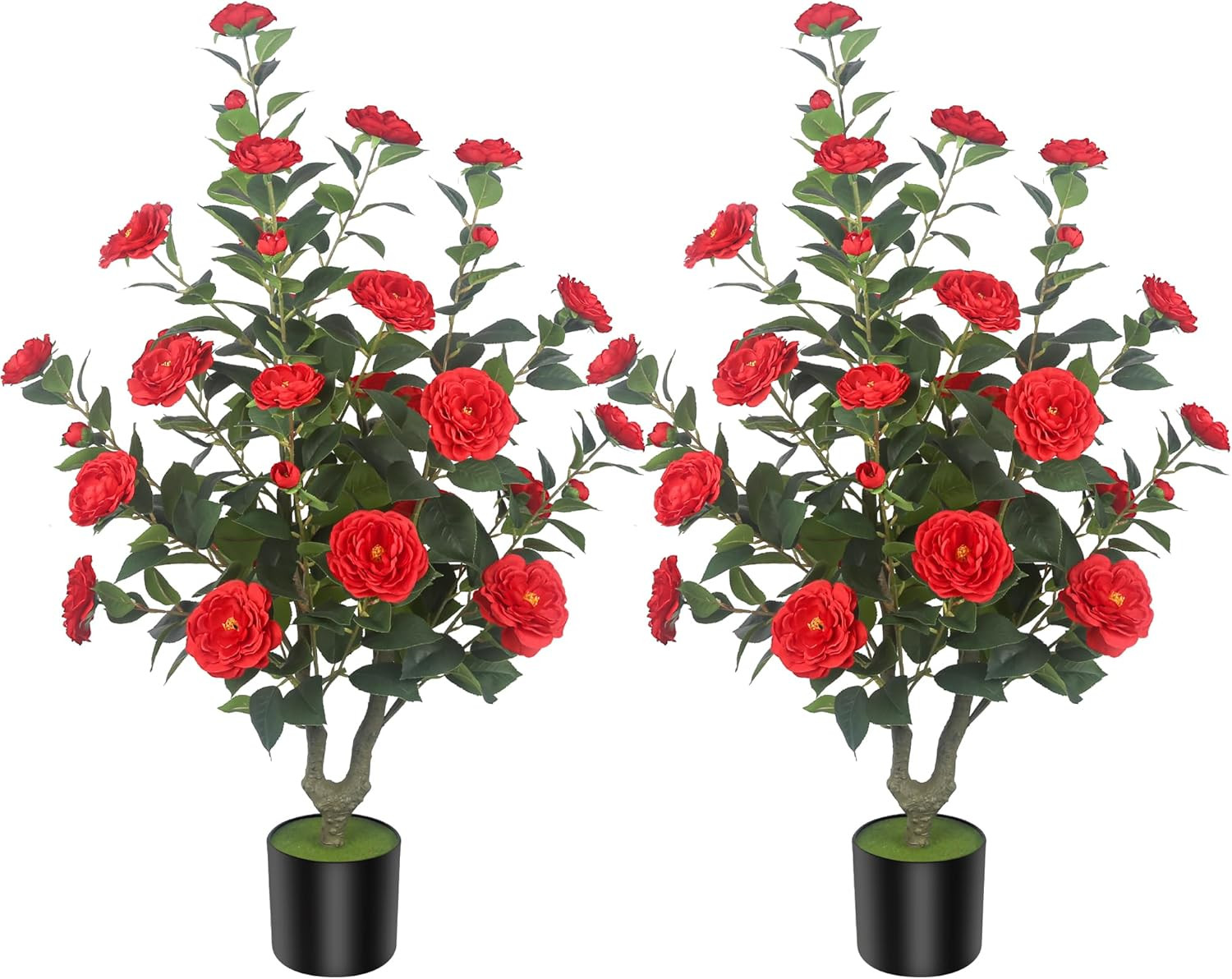 2Pack 39.37″ Red Artificial Camellia Trees in Cement Pots – Lifelike Decor