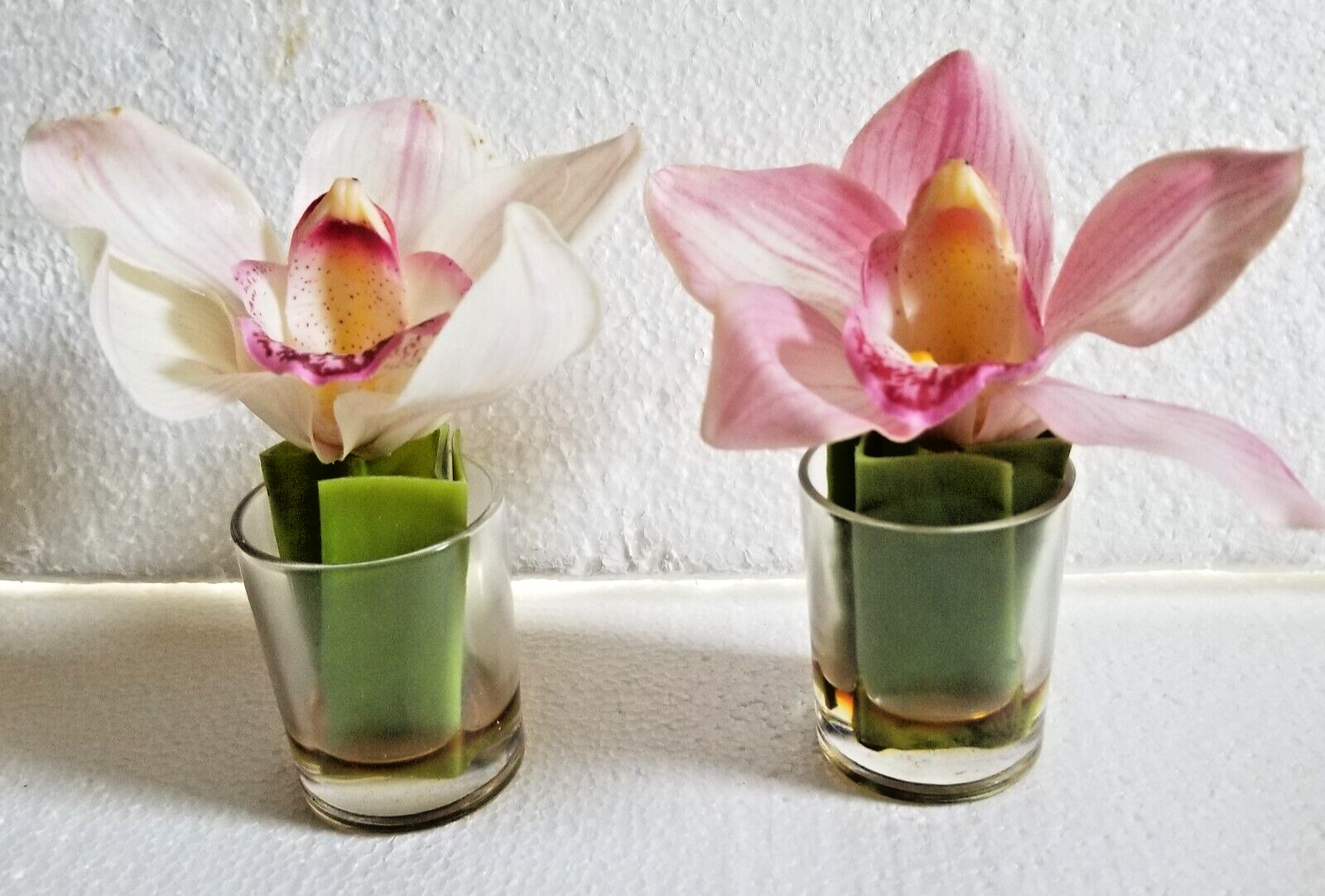 Artificial Orchids in Tea Vases Pink & White Gel Hold in Case Floral Decor