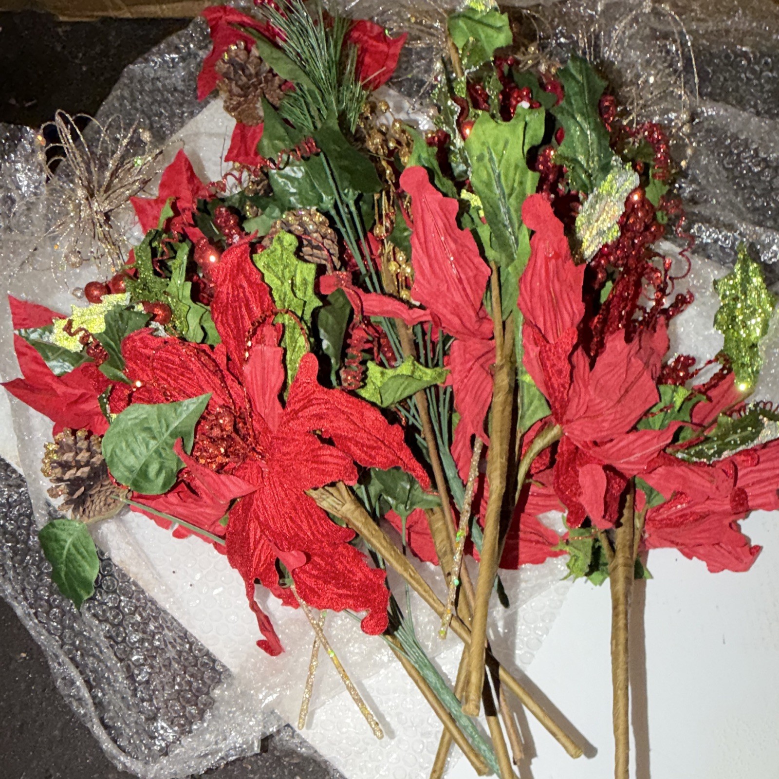 Artificial Christmas Floral Stems Poinsettia Holly Red/Green Plastic Twig & Stem