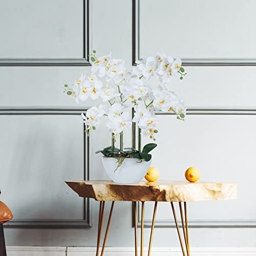Realistic White Faux Orchid Flowers in Ceramic Pot – Table Centerpiece Decor