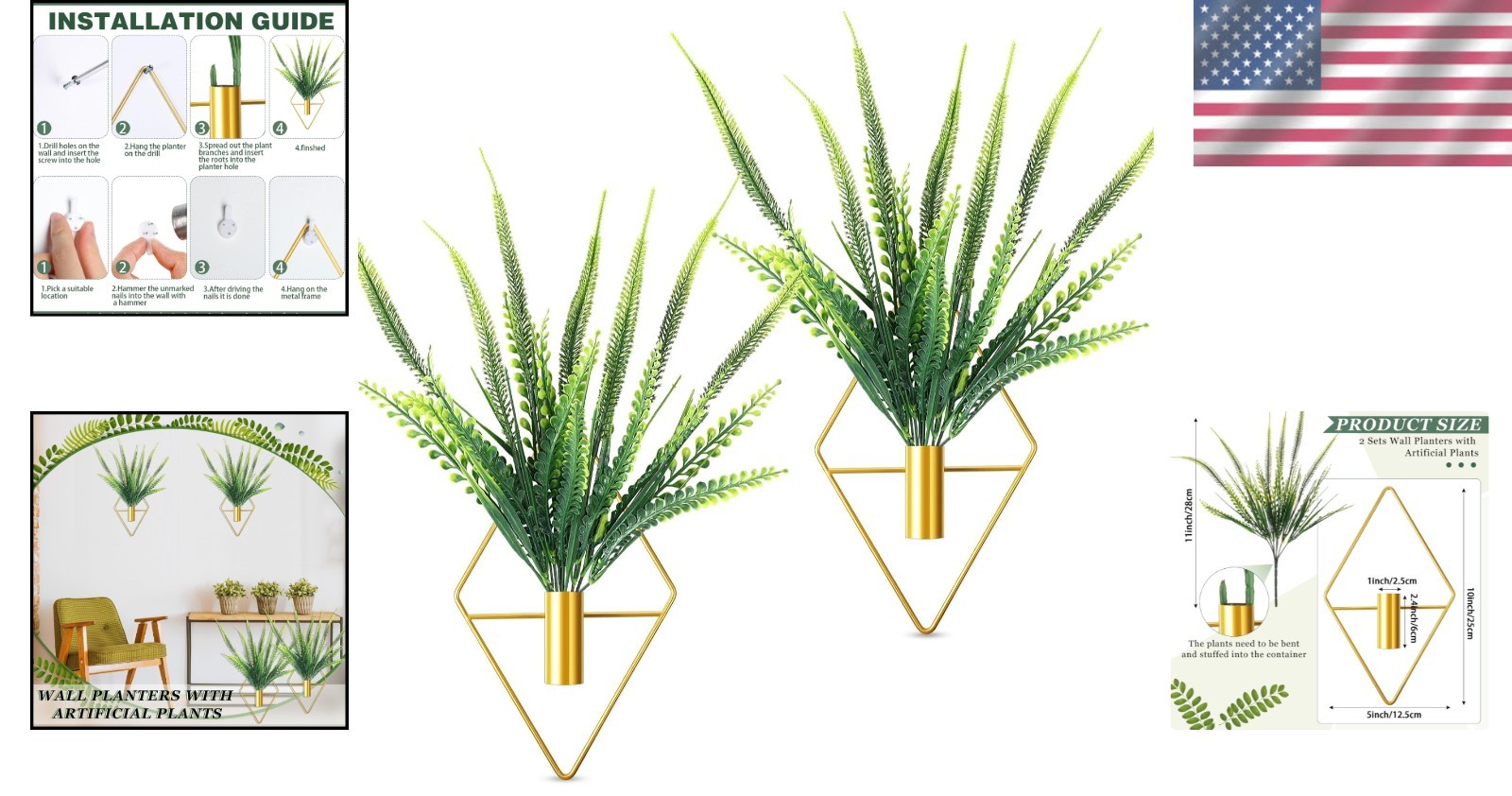 Geometric Gold Hanging Planters with Faux Boston Ferns – Indoor Décor Essentials