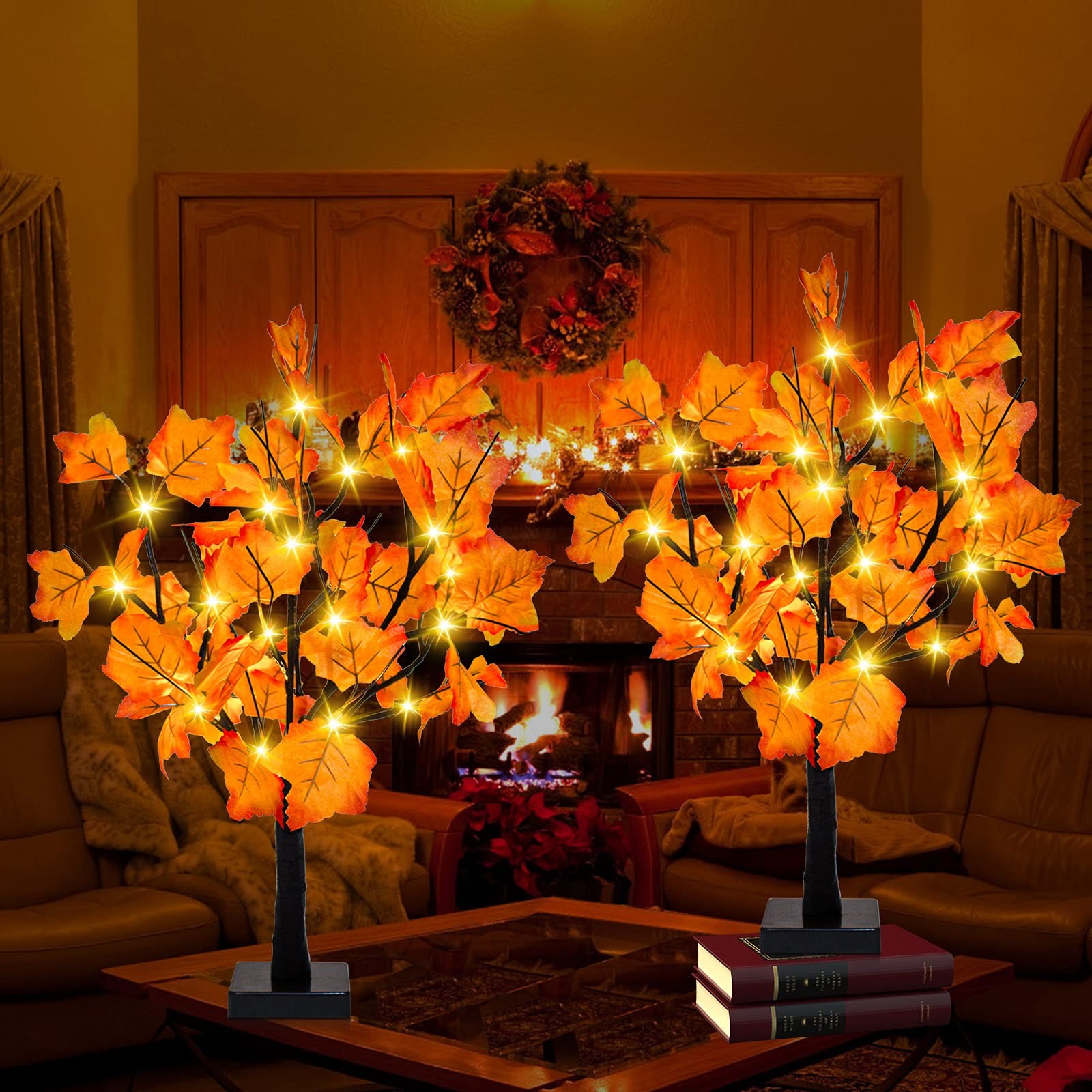 2 Pack 24-inch Fall Lighted Maple Tree, 48 LED Lights, Thanksgiving Decoratio…