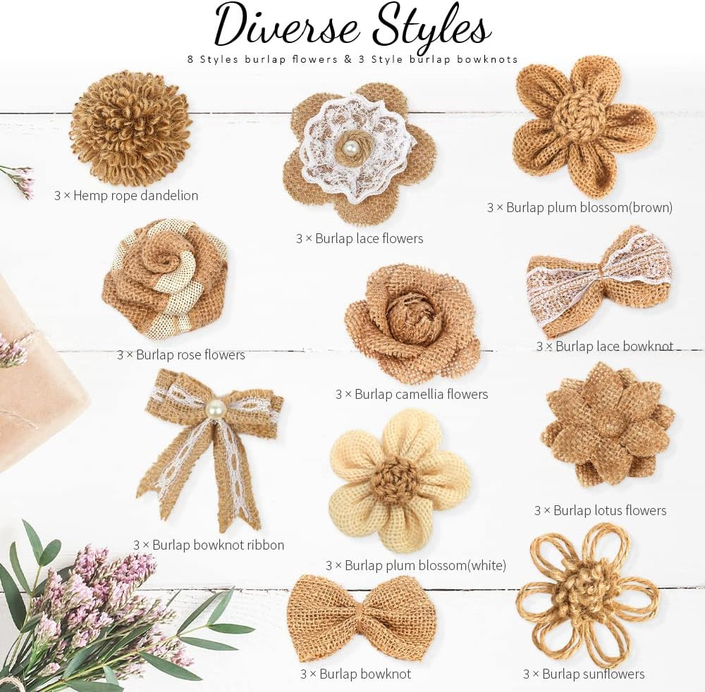 33PCS Handmade Burlap Flowers Set, 8 Styles Rustic Artificial Flowers & 3 Styles