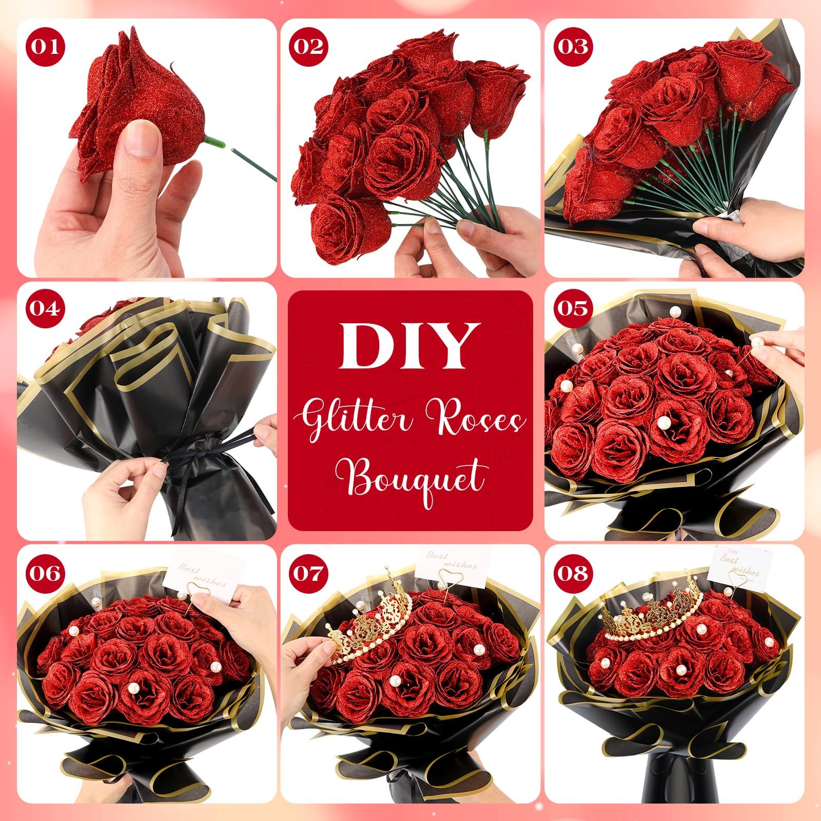Glitter Roses Bouquet Red Roses Artificial Flowers with Flower Wrapping Paper…